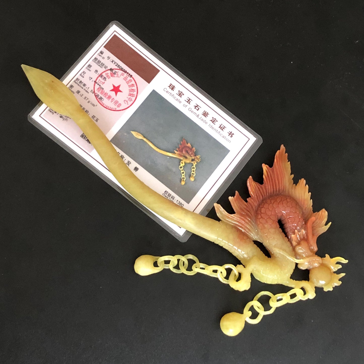 Certified Natural Xiu Jade Serpentine Hand Carved Soaring Golden Fire Dragon Hair Pin with Dangle | Gold Red Jade Hair Stick | Asian Vintage Hair Fork Gift for her japanese hairpin korean hair stick hanfu hair fork vintage hair comb antique hair pins dragon carving hand engraved dragon red jade gold jade yellow jade carving hand carved dragon hair stick fire dragon golden dragon wedding headpiece bridal hair jewelry engagement hair accessory antique hair fork