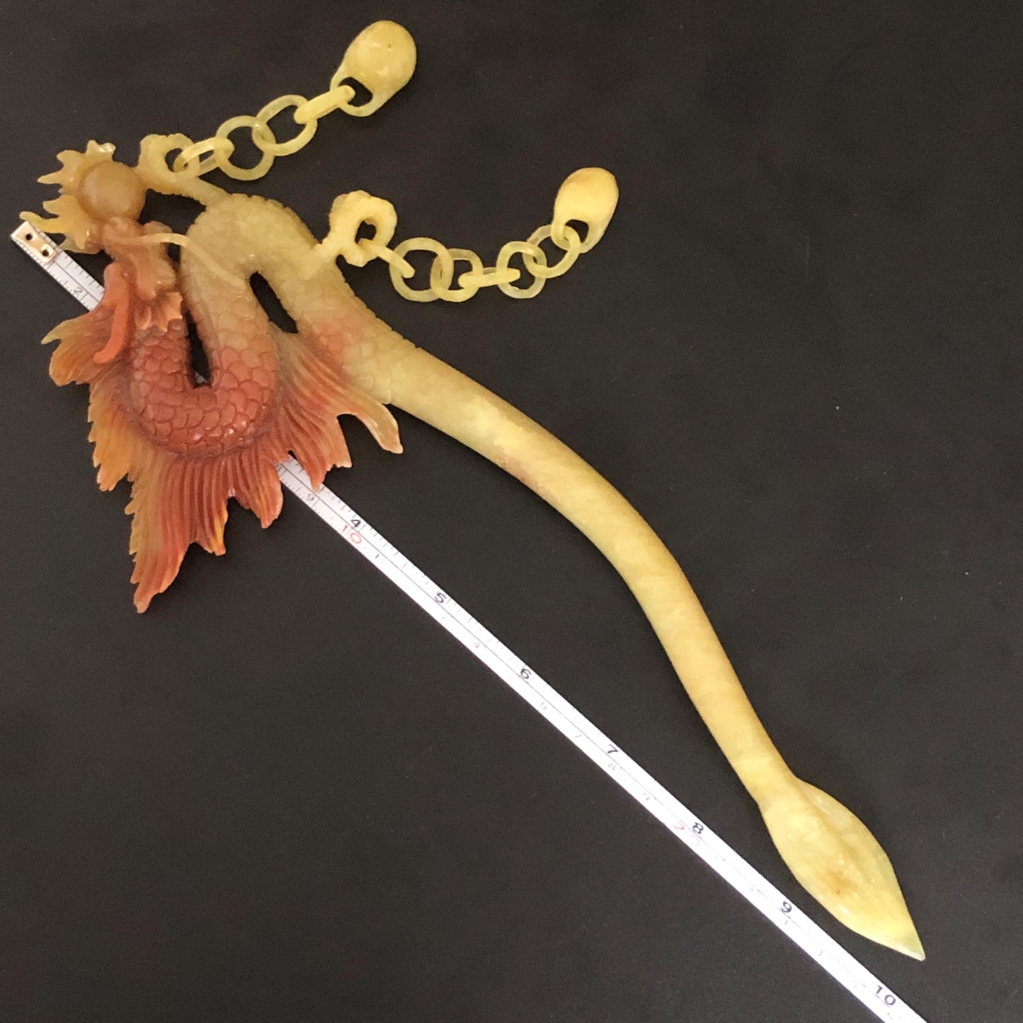 Certified Natural Xiu Jade Serpentine Hand Carved Soaring Golden Fire Dragon Hair Pin with Dangle | Gold Red Jade Hair Stick | Asian Vintage Hair Fork Gift for her japanese hairpin korean hair stick hanfu hair fork vintage hair comb antique hair pins dragon carving hand engraved dragon red jade gold jade yellow jade carving hand carved dragon hair stick fire dragon golden dragon wedding headpiece bridal hair jewelry engagement hair accessory antique hair fork