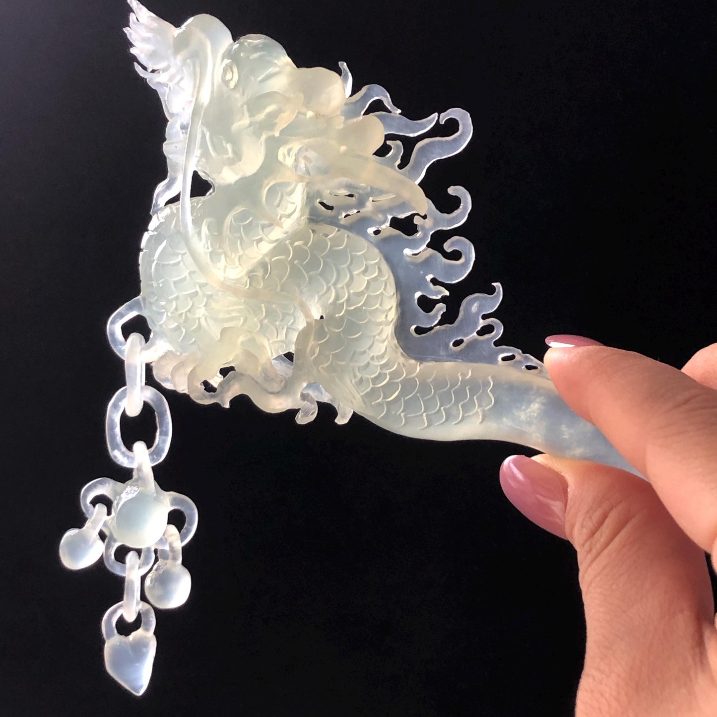 Certified Natural Xiu Jade Serpentine Hand Carved Soaring Green Dragon Hair Pin | Ice white Jade Hair Stick | Asian Vintage Hair Fork Gift for her japanese hairpin korean hair stick hanfu hair fork vintage hair comb antique hair pins dragon carving hand engraved dragon white jade carving hand carved dragon hair stick tassel wedding headpiece bridal shower gift bridal hair clip ice dragon hair stick