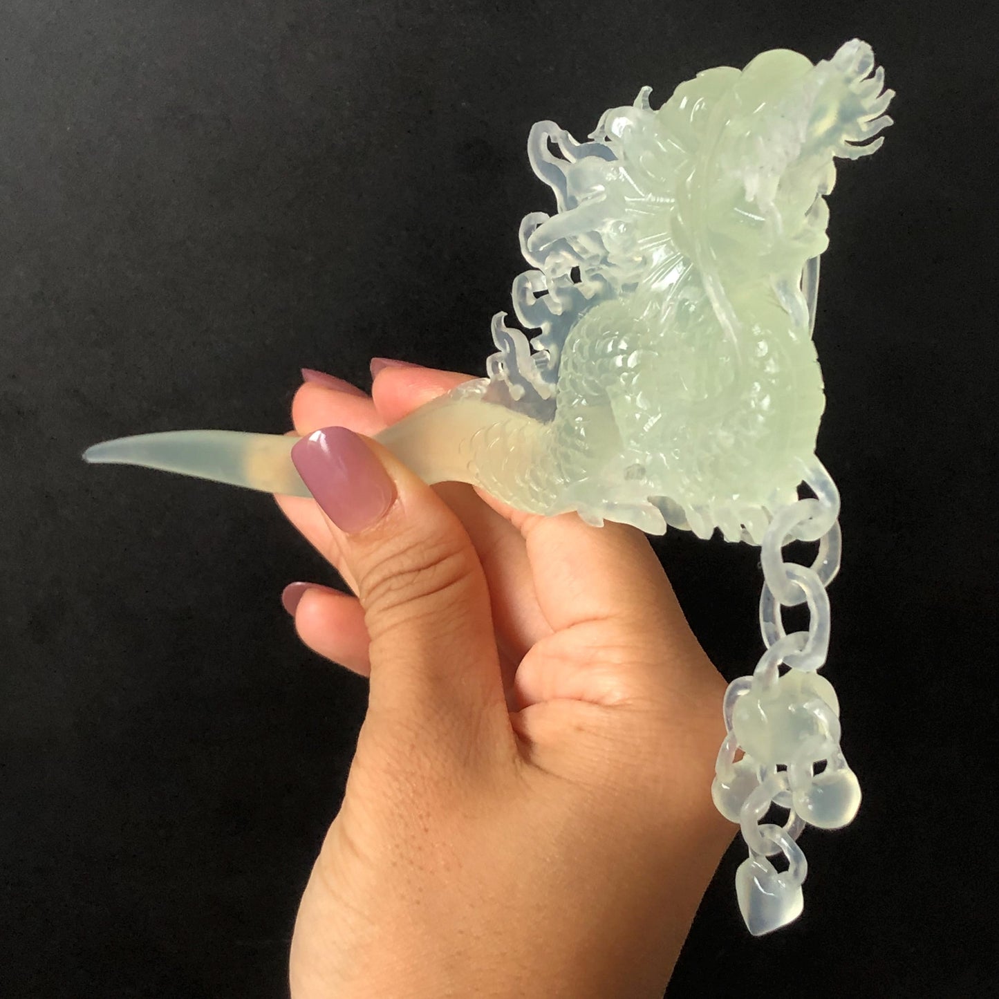 Certified Natural Xiu Jade Serpentine Hand Carved Soaring Green Dragon Hair Pin | Ice white Jade Hair Stick | Asian Vintage Hair Fork Gift for her japanese hairpin korean hair stick hanfu hair fork vintage hair comb antique hair pins dragon carving hand engraved dragon white jade carving hand carved dragon hair stick tassel wedding headpiece bridal shower gift bridal hair clip ice dragon hair stick