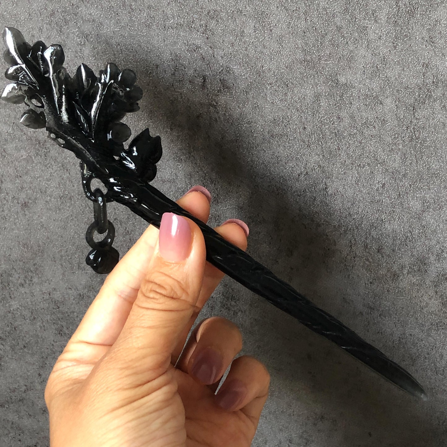 Certified Xiu Jade Serpentine Hand-Carved Cat & Camellia Flower Hair Pin with Dangle | Black Jade Hair Stick | Vintage Kitten Hair Fork Gift black jade carving hand engraved cat hairpins hand carved hair stick cat carving kitten carving black cat hair fork flower carving natural untreated jade with certificate japanese hair stick korean hair fork chinese hair pins hanfu hairpins vintage hair comb cat lover gift gothic hairpins jade hair accessory carved hair jewelry