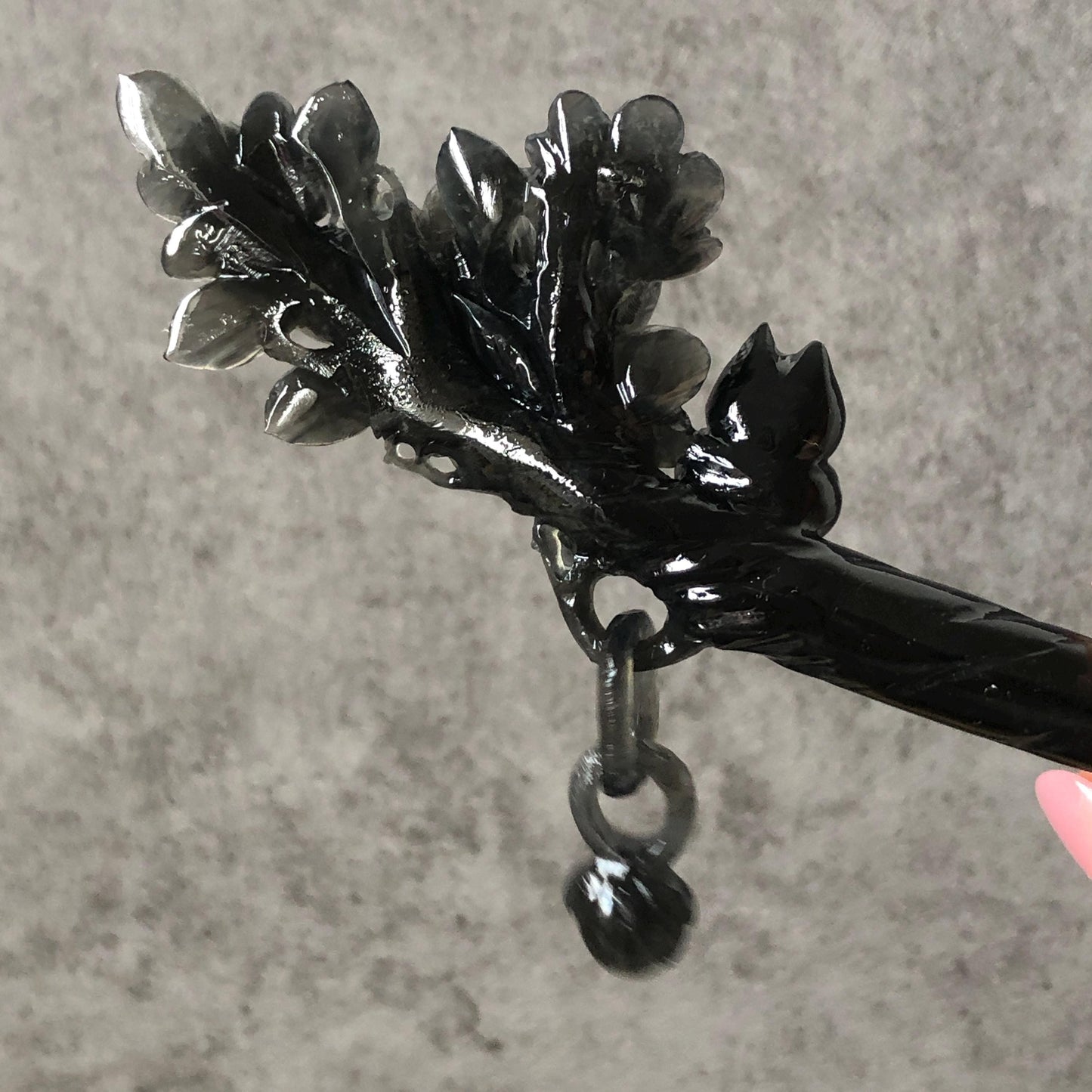 Certified Xiu Jade Serpentine Hand-Carved Cat & Camellia Flower Hair Pin with Dangle | Black Jade Hair Stick | Vintage Kitten Hair Fork Gift black jade carving hand engraved cat hairpins hand carved hair stick cat carving kitten carving black cat hair fork flower carving natural untreated jade with certificate japanese hair stick korean hair fork chinese hair pins hanfu hairpins vintage hair comb cat lover gift gothic hairpins jade hair accessory carved hair jewelry