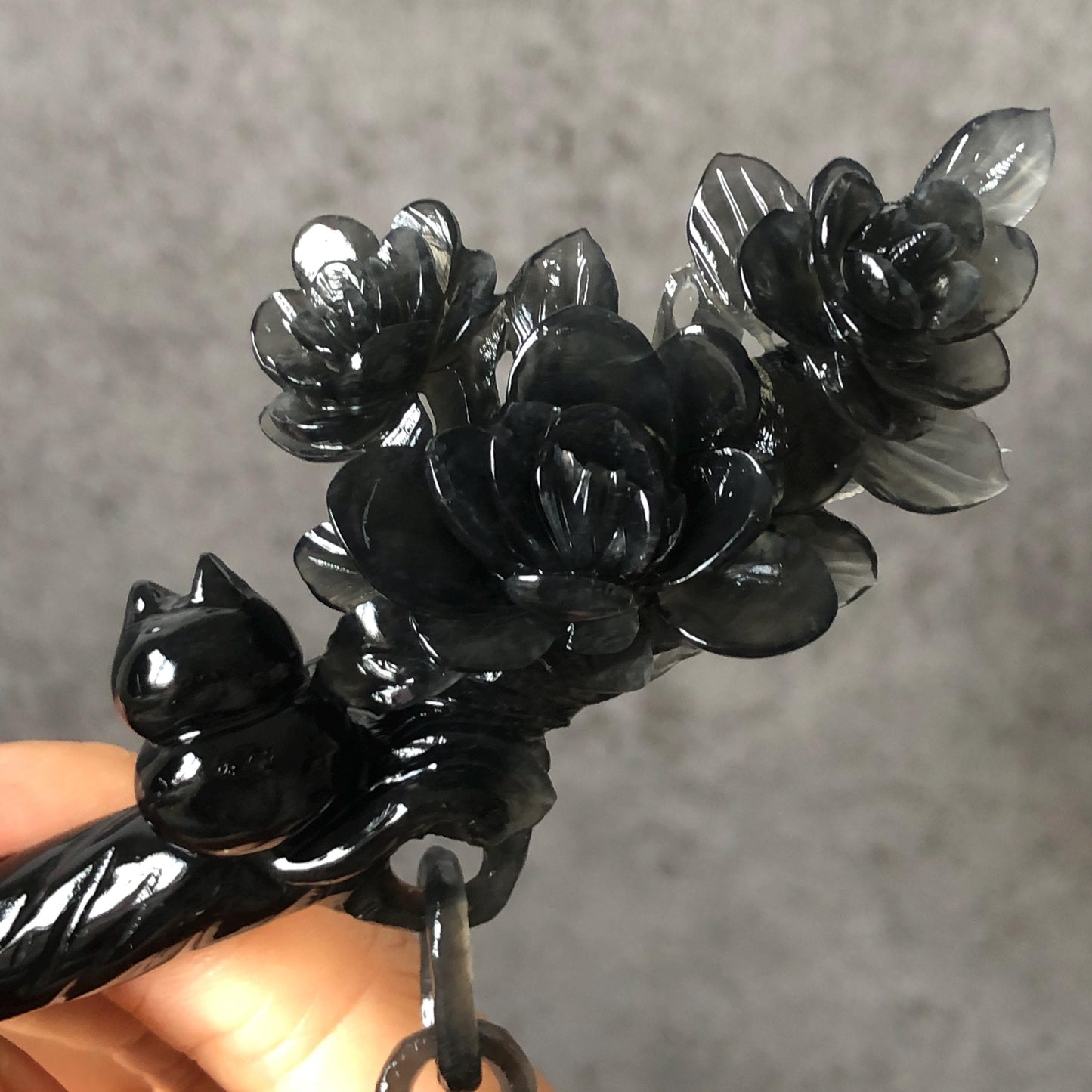 Certified Xiu Jade Serpentine Hand-Carved Cat & Camellia Flower Hair Pin with Dangle | Black Jade Hair Stick | Vintage Kitten Hair Fork Gift black jade carving hand engraved cat hairpins hand carved hair stick cat carving kitten carving black cat hair fork flower carving natural untreated jade with certificate japanese hair stick korean hair fork chinese hair pins hanfu hairpins vintage hair comb cat lover gift gothic hairpins jade hair accessory carved hair jewelry