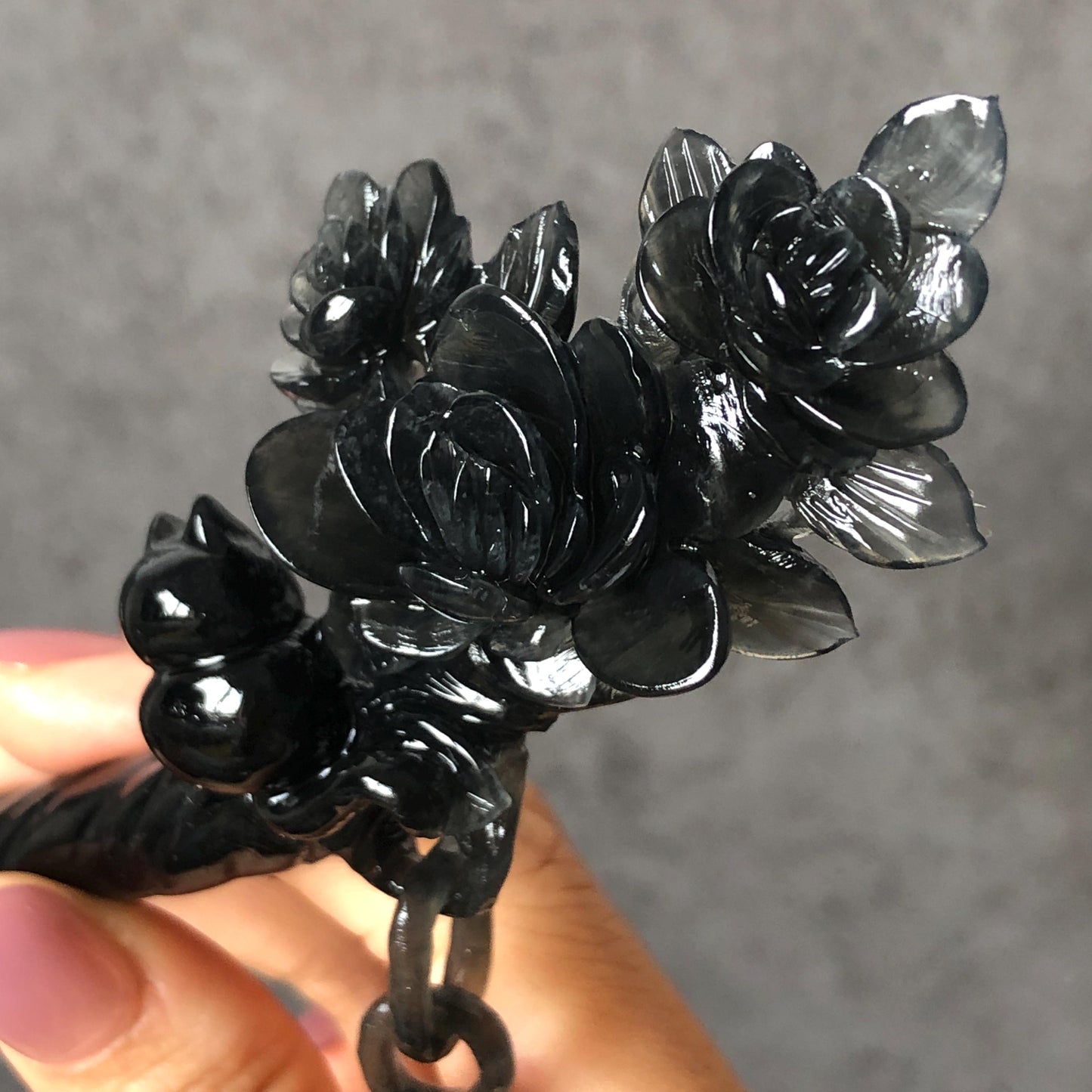 Certified Xiu Jade Serpentine Hand-Carved Cat & Camellia Flower Hair Pin with Dangle | Black Jade Hair Stick | Vintage Kitten Hair Fork Gift black jade carving hand engraved cat hairpins hand carved hair stick cat carving kitten carving black cat hair fork flower carving natural untreated jade with certificate japanese hair stick korean hair fork chinese hair pins hanfu hairpins vintage hair comb cat lover gift gothic hairpins jade hair accessory carved hair jewelry