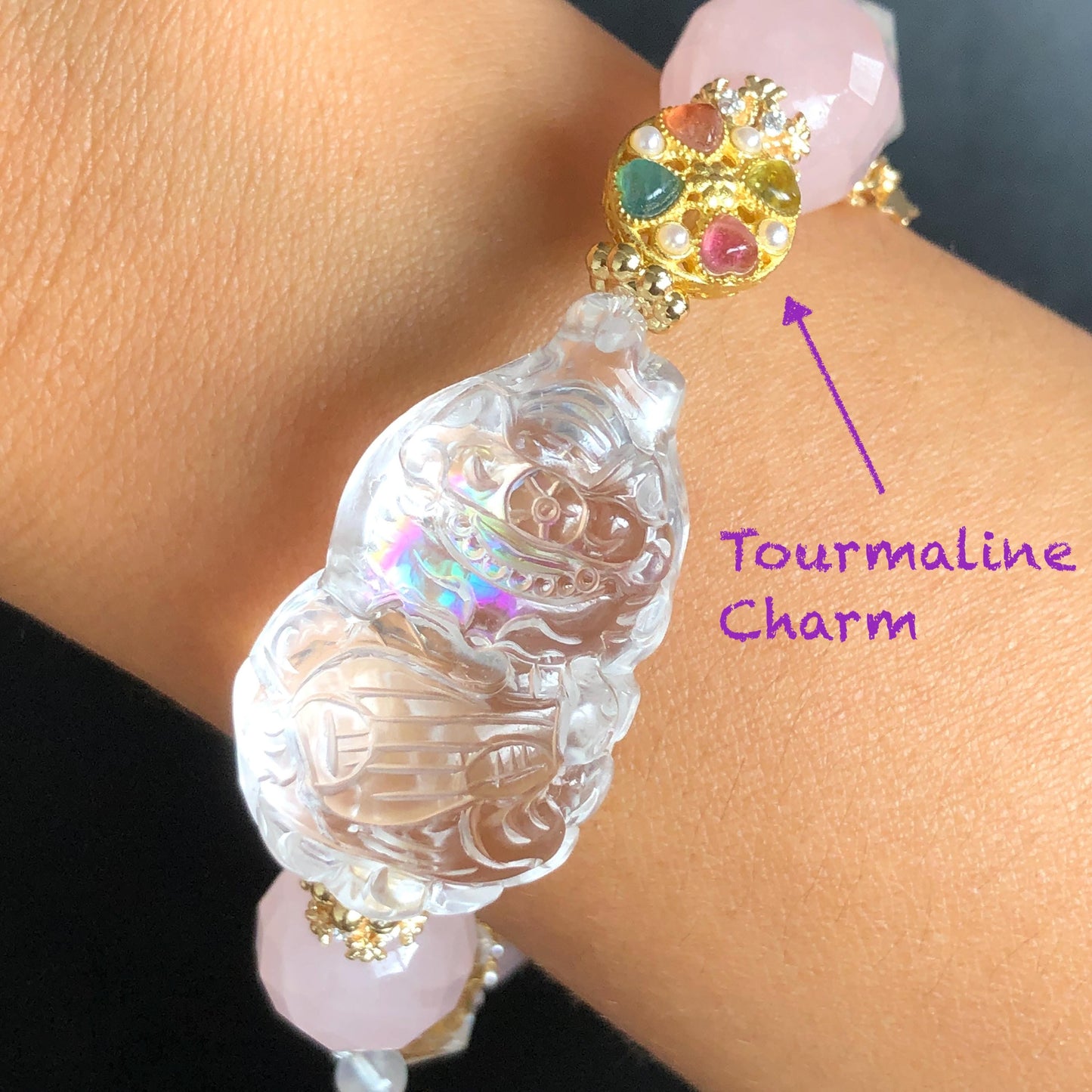 Rare Find Rainbow Clear Quartz Carved Nine-tailed Fox Pendant Charm Rose Quartz Bead Bracelet | Removable Crystal Tassel Personalized Gift rainbow quartz charm hand engraved fox charm hand carved fox pendant nine tail fox bracelet rose quartz bracelet pink crystal clear quartz bracelet chakra crystal birthstone bracelet healing stone love stone amethyst crystal moonstoon tourmaline charm personalised bracelet diy bead bracelet gold-plated charm