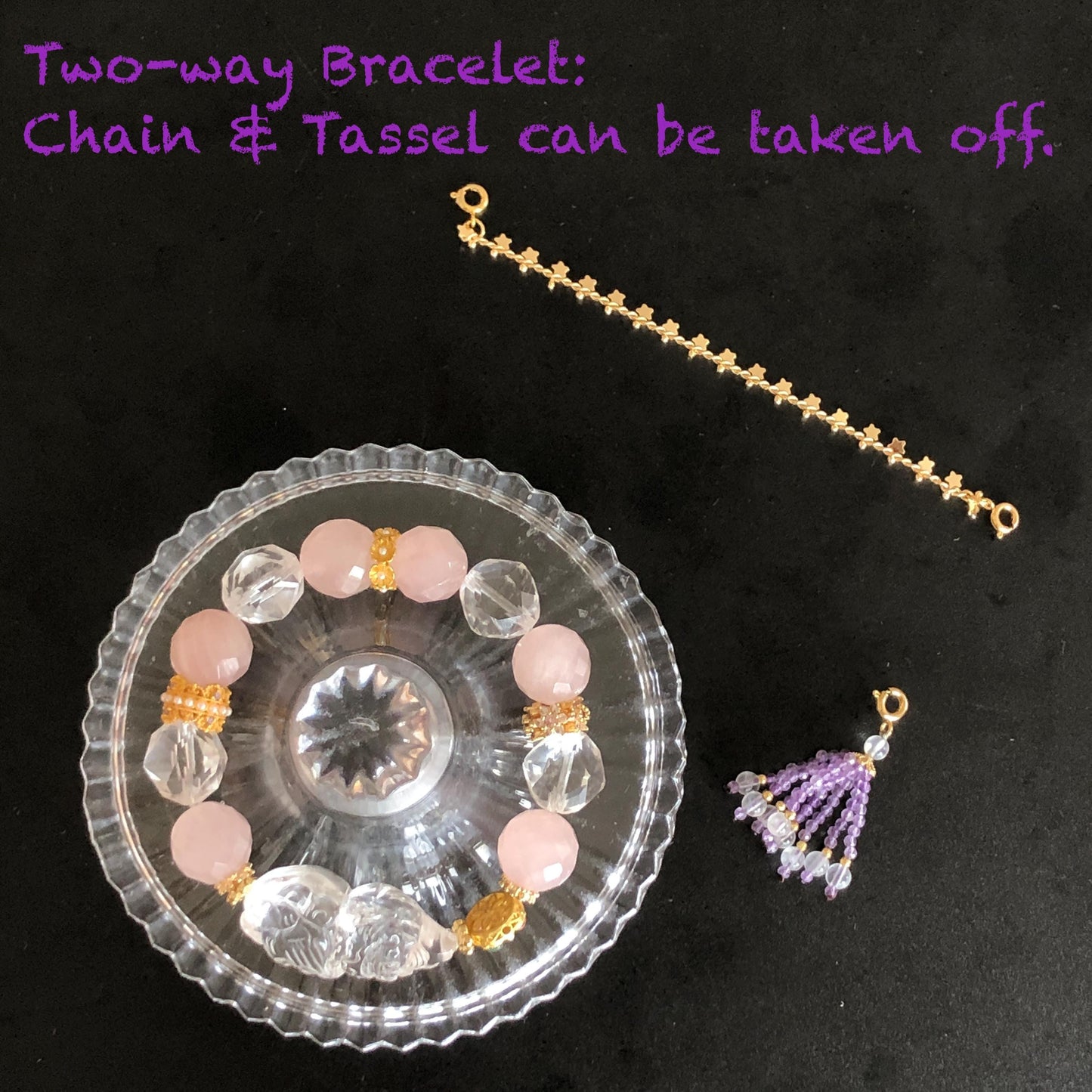 Rare Find Rainbow Clear Quartz Carved Nine-tailed Fox Pendant Charm Rose Quartz Bead Bracelet | Removable Crystal Tassel Personalized Gift rainbow quartz charm hand engraved fox charm hand carved fox pendant nine tail fox bracelet rose quartz bracelet pink crystal clear quartz bracelet chakra crystal birthstone bracelet healing stone love stone amethyst crystal moonstoon tourmaline charm personalised bracelet diy bead bracelet gold-plated charm