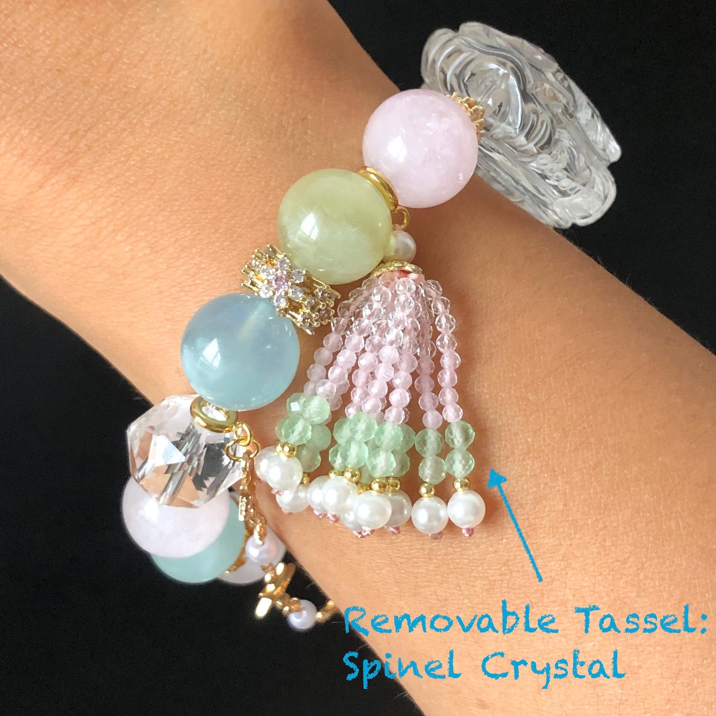 Rainbow Clear Quartz Carved Nine-tailed Fox Pendant Charm with Morganite Crystal Bead Elastic Stretch Bracelet | Removable Chain & Spinel Tassel | Wisdom & Enlightenment rainbow quartz charm hand engraved fox charm hand carved fox pendant nine tail fox bracelet clear quartz bracelet pink crystal blue crystal green crystal Morganite bracelet chakra crystal birthstone bracelet healing stone love stone personalised bracelet diy bead bracelet gold-plated charm