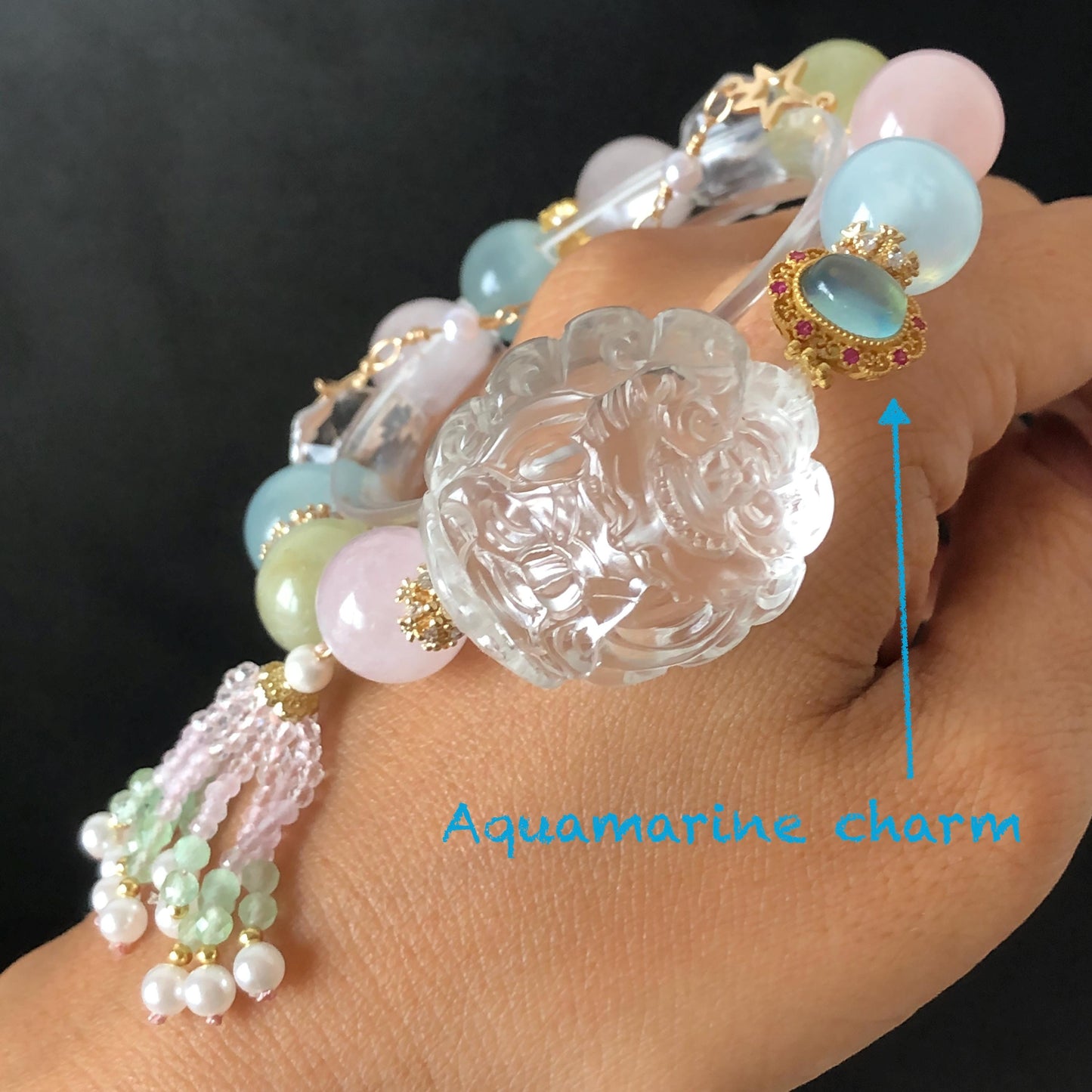 Rainbow Clear Quartz Carved Nine-tailed Fox Pendant Charm with Morganite Crystal Bead Elastic Stretch Bracelet | Removable Chain & Spinel Tassel | Wisdom & Enlightenment rainbow quartz charm hand engraved fox charm hand carved fox pendant nine tail fox bracelet clear quartz bracelet pink crystal blue crystal green crystal Morganite bracelet chakra crystal birthstone bracelet healing stone love stone personalised bracelet diy bead bracelet gold-plated charm