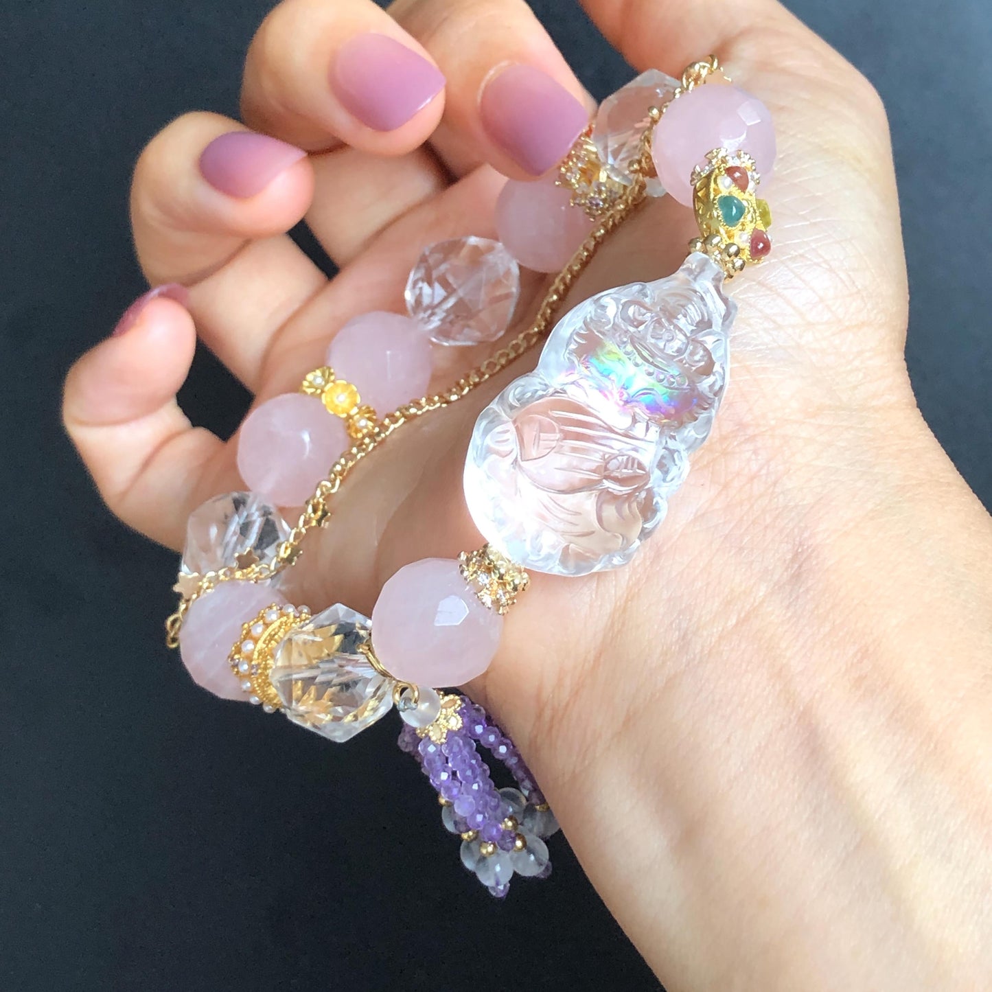 Rare Find Rainbow Clear Quartz Carved Nine-tailed Fox Pendant Charm Rose Quartz Bead Elastic Stretch Bracelet | Removable Crystal Tassel