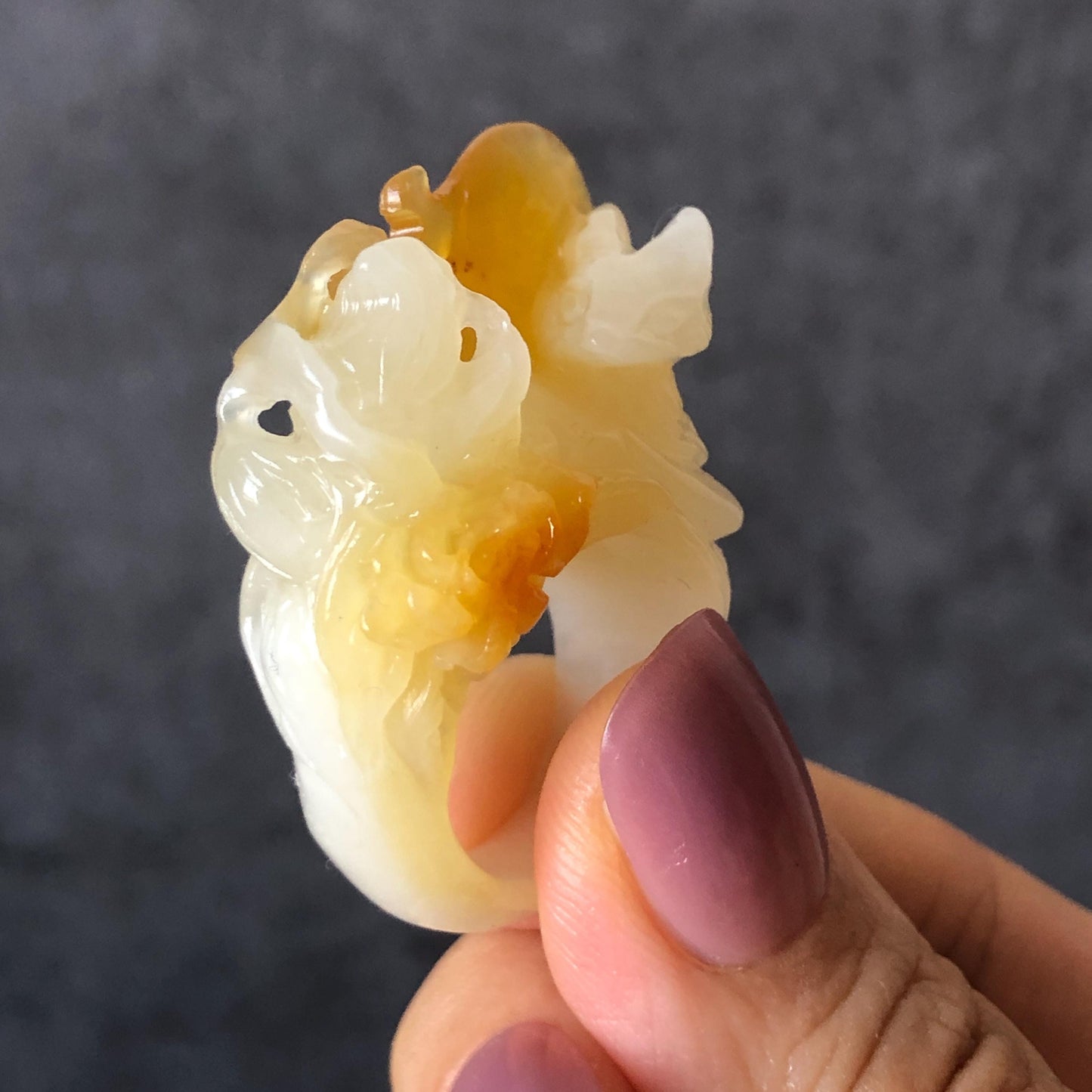 Natural Xiu Jade Serpentine Hand-Carved Nine-tailed Fox Statement Ring 17.7mm (US 7.5) | Yellow & White Jade | 3D Fox Carving Gemstone Ring gift for her yellow jade carving white jade nine tail fox carving hand engraved statement ring peony carving hand carved flower carving moon carving moon ring natural untreated jade