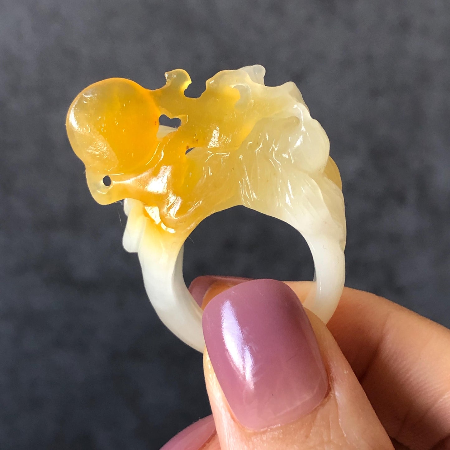 Natural Xiu Jade Serpentine Hand-Carved Nine-tailed Fox Statement Ring 17.7mm (US 7.5) | Yellow & White Jade | 3D Fox Carving Gemstone Ring gift for her yellow jade carving white jade nine tail fox carving hand engraved statement ring peony carving hand carved flower carving moon carving moon ring natural untreated jade