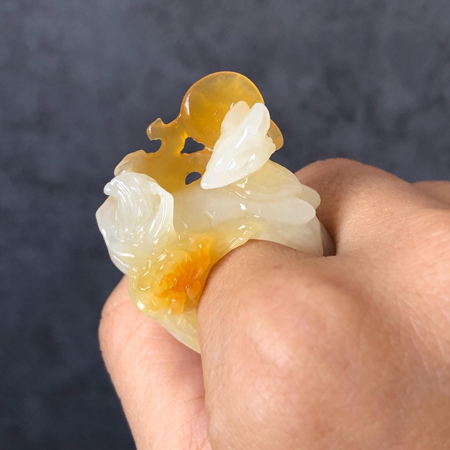 Natural Xiu Jade Serpentine Hand-Carved Nine-tailed Fox Statement Ring 17.7mm (US 7.5) | Yellow & White Jade | 3D Fox Carving Gemstone Ring gift for her yellow jade carving white jade nine tail fox carving hand engraved statement ring peony carving hand carved flower carving moon carving moon ring natural untreated jade