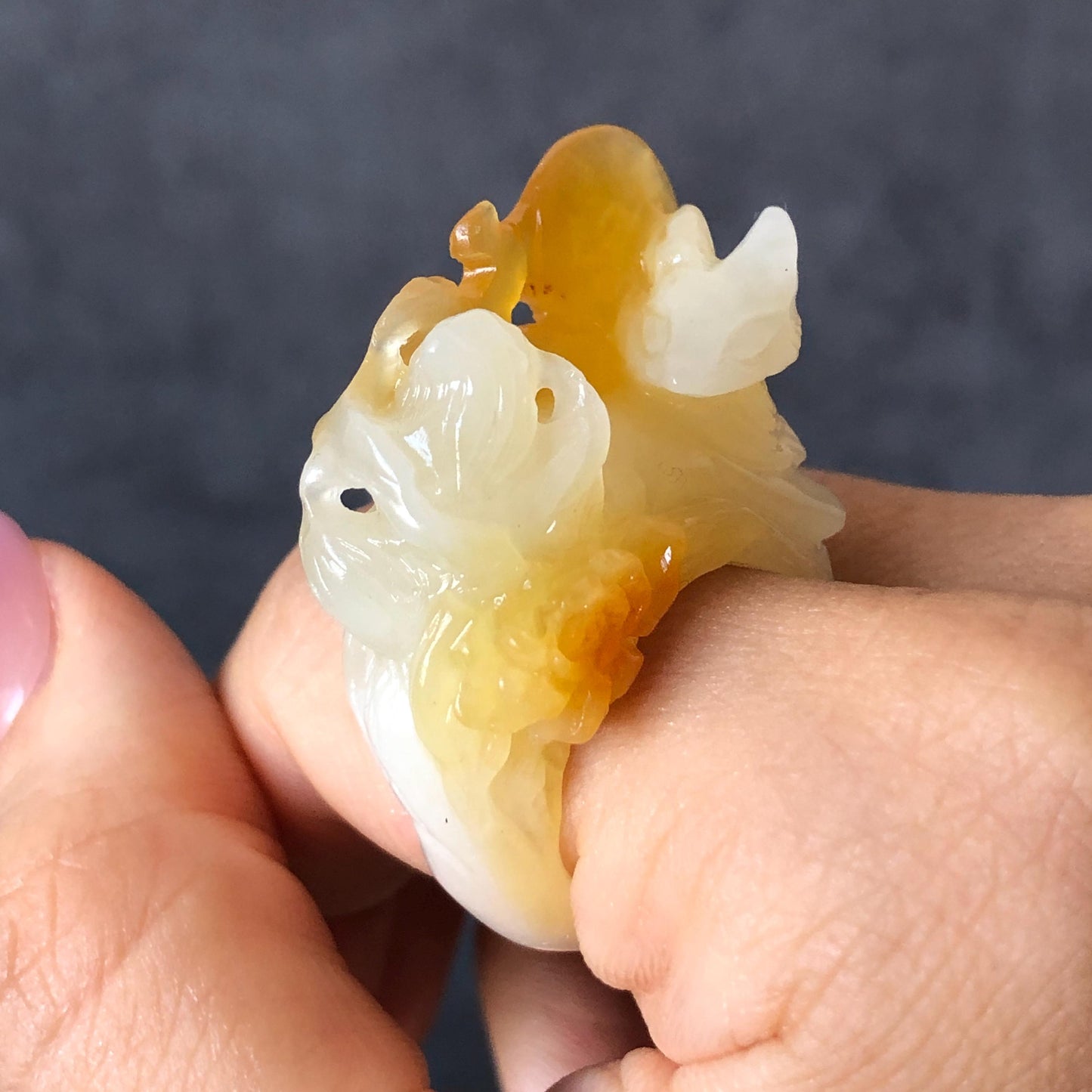 Natural Xiu Jade Serpentine Hand-Carved Nine-tailed Fox Statement Ring 17.7mm (US 7.5) | Yellow & White Jade | 3D Fox Carving Gemstone Ring gift for her yellow jade carving white jade nine tail fox carving hand engraved statement ring peony carving hand carved flower carving moon carving moon ring natural untreated jade