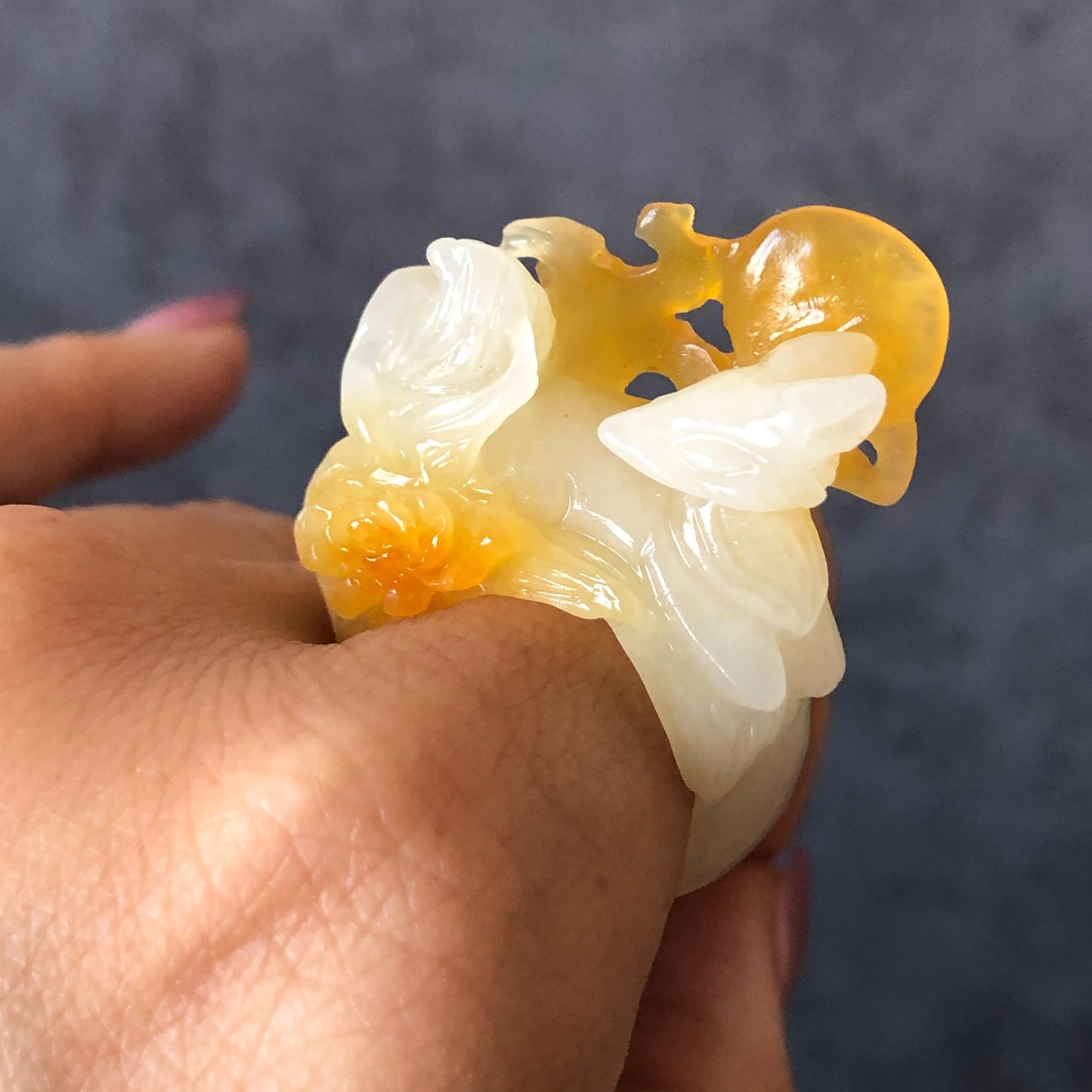 Natural Xiu Jade Serpentine Hand-Carved Nine-tailed Fox Statement Ring 17.7mm (US 7.5) | Yellow & White Jade | 3D Fox Carving Gemstone Ring gift for her yellow jade carving white jade nine tail fox carving hand engraved statement ring peony carving hand carved flower carving moon carving moon ring natural untreated jade