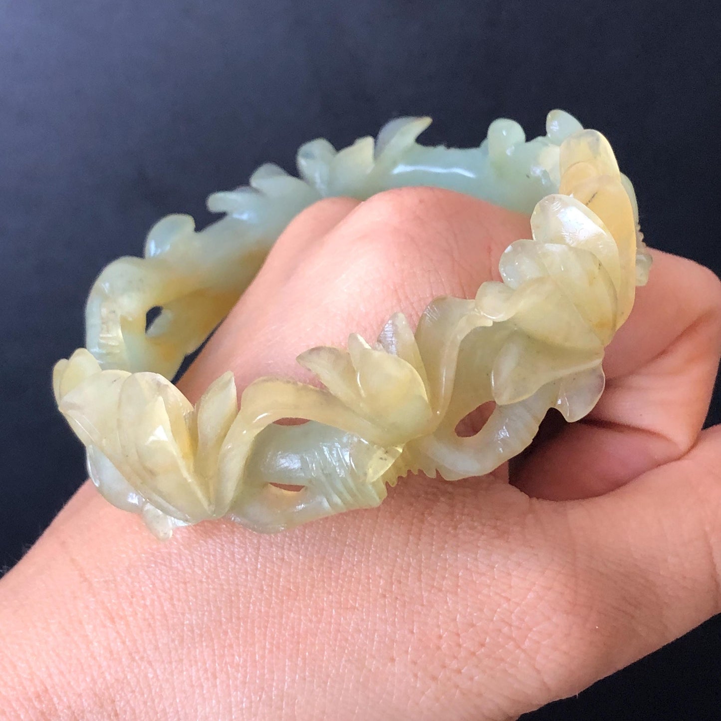 50mm-64mm! Customised Size Natural Xiu Jade Serpentine Hand-Carved Yulan flowers Bangle & Ring Set | Yellow Green Jade Personalized Bracelet Gift for her tailor made bangle jade carving yulan carving hand engraved flower bangle flower carving green jade yellow jade 3D carving hollow out carving certified natural jade untreated jade with certificate custom-made jade bracelet big size bangle huge size bangle small size bracelet
