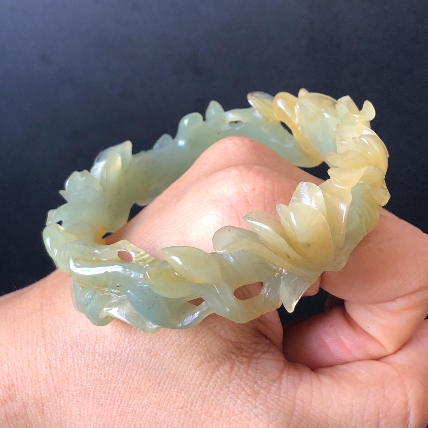 50mm-64mm! Customised Size Natural Xiu Jade Serpentine Hand-Carved Yulan flowers Bangle & Ring Set | Yellow Green Jade Personalized Bracelet Gift for her tailor made bangle jade carving yulan carving hand engraved flower bangle flower carving green jade yellow jade 3D carving hollow out carving certified natural jade untreated jade with certificate custom-made jade bracelet big size bangle huge size bangle small size bracelet