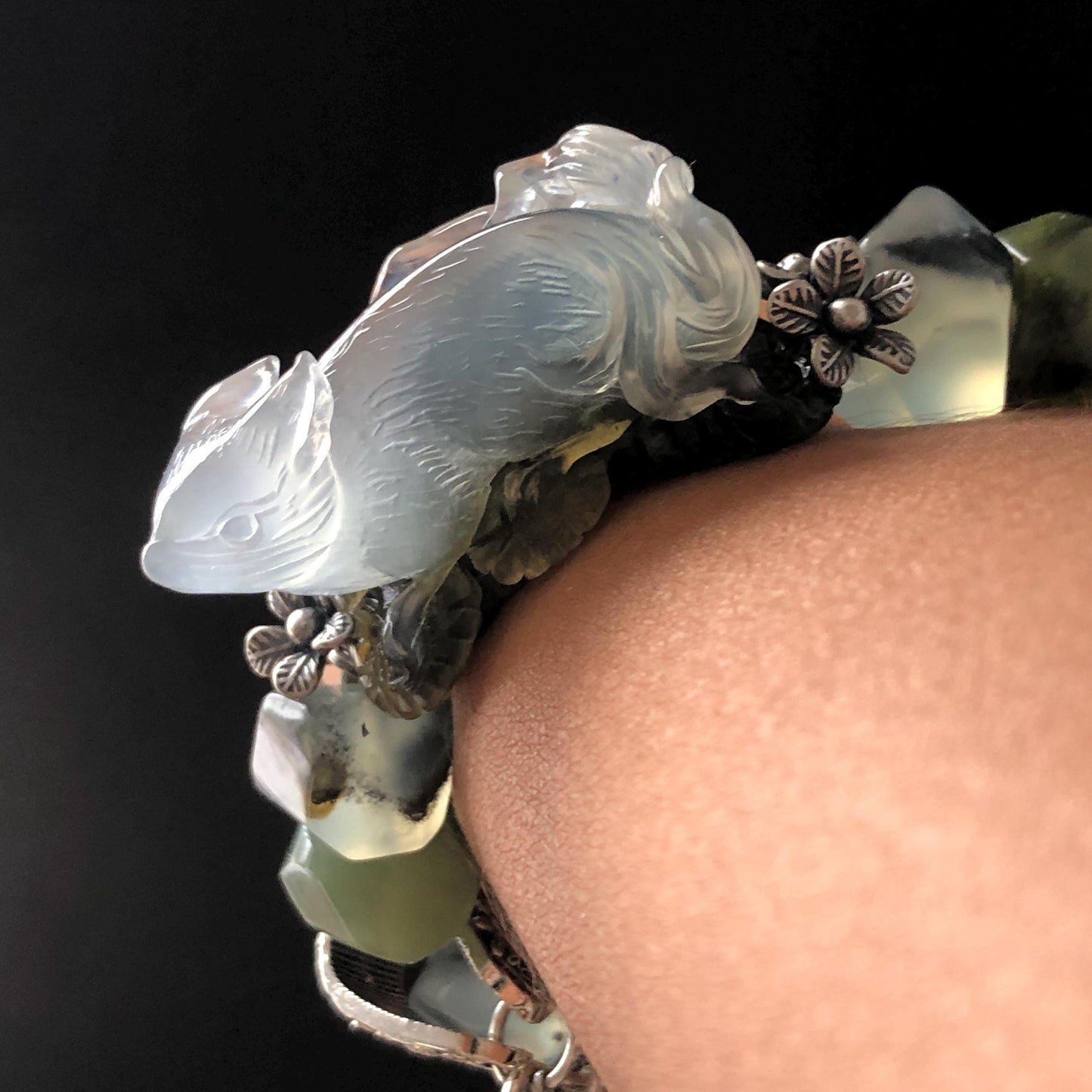 Natural Xiu Jade Serpentine Hand Carved Nine-tailed Fox & Flower with Irregular Bead Bracelet | Ice Black White Jade | Vintage Tibetan Silver | Gift for her bracelet jade carving hand engraved black jade white jade hand engraved jade bracelet hand carved jade charm hand engraved jade pendant irregular bead bracelet big beaded bracelet elastic stretch bracelet dangle bracelet silver accessory vintage bracelet antique bracelet green jade nine tail fox carving engraved fox