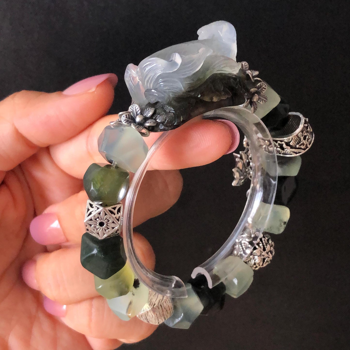 Natural Xiu Jade Serpentine Hand Carved Nine-tailed Fox & Flower with Irregular Bead Bracelet | Ice Black White Jade | Vintage Tibetan Silver | Gift for her bracelet jade carving hand engraved black jade white jade hand engraved jade bracelet hand carved jade charm hand engraved jade pendant irregular bead bracelet big beaded bracelet elastic stretch bracelet dangle bracelet silver accessory vintage bracelet antique bracelet green jade nine tail fox carving engraved fox