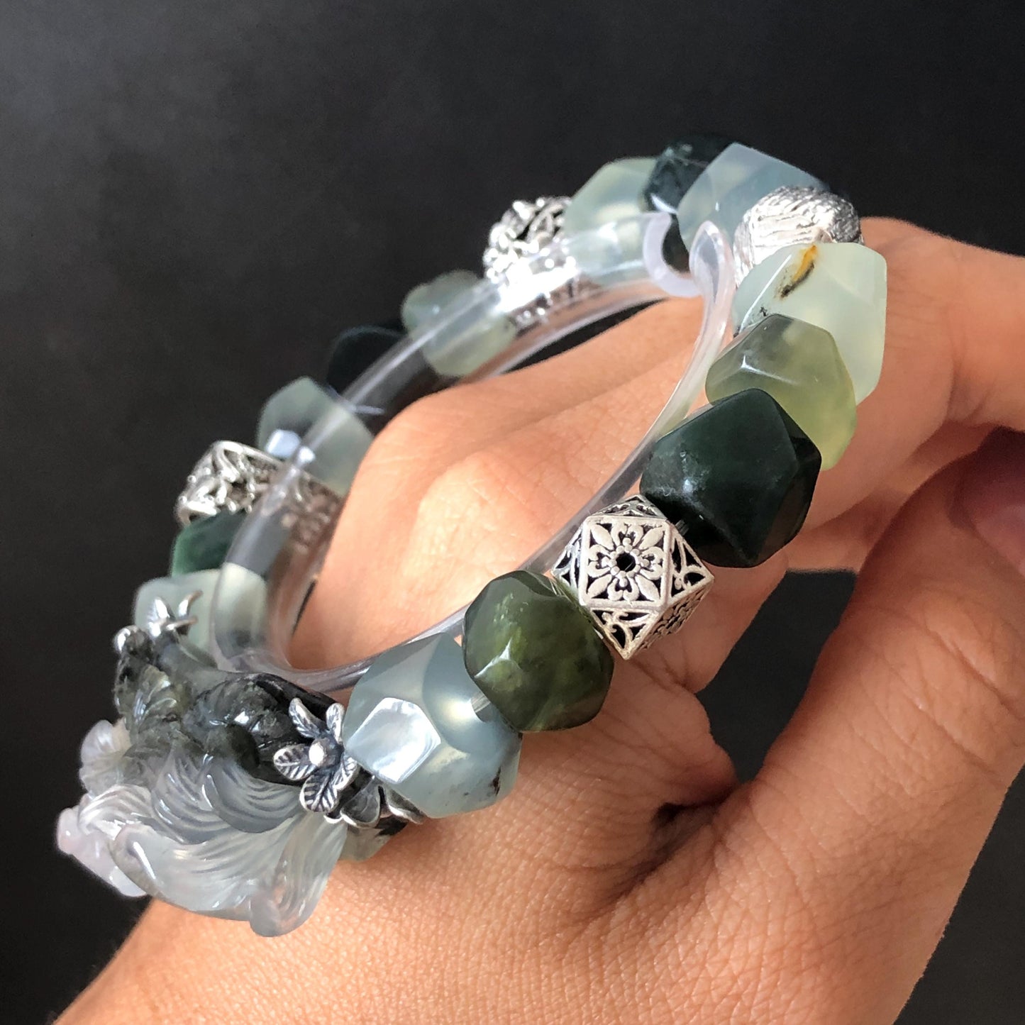Natural Xiu Jade Serpentine Hand Carved Nine-tailed Fox & Flower with Irregular Bead Bracelet | Ice Black White Jade | Vintage Tibetan Silver | Gift for her bracelet jade carving hand engraved black jade white jade hand engraved jade bracelet hand carved jade charm hand engraved jade pendant irregular bead bracelet big beaded bracelet elastic stretch bracelet dangle bracelet silver accessory vintage bracelet antique bracelet green jade nine tail fox carving engraved fox