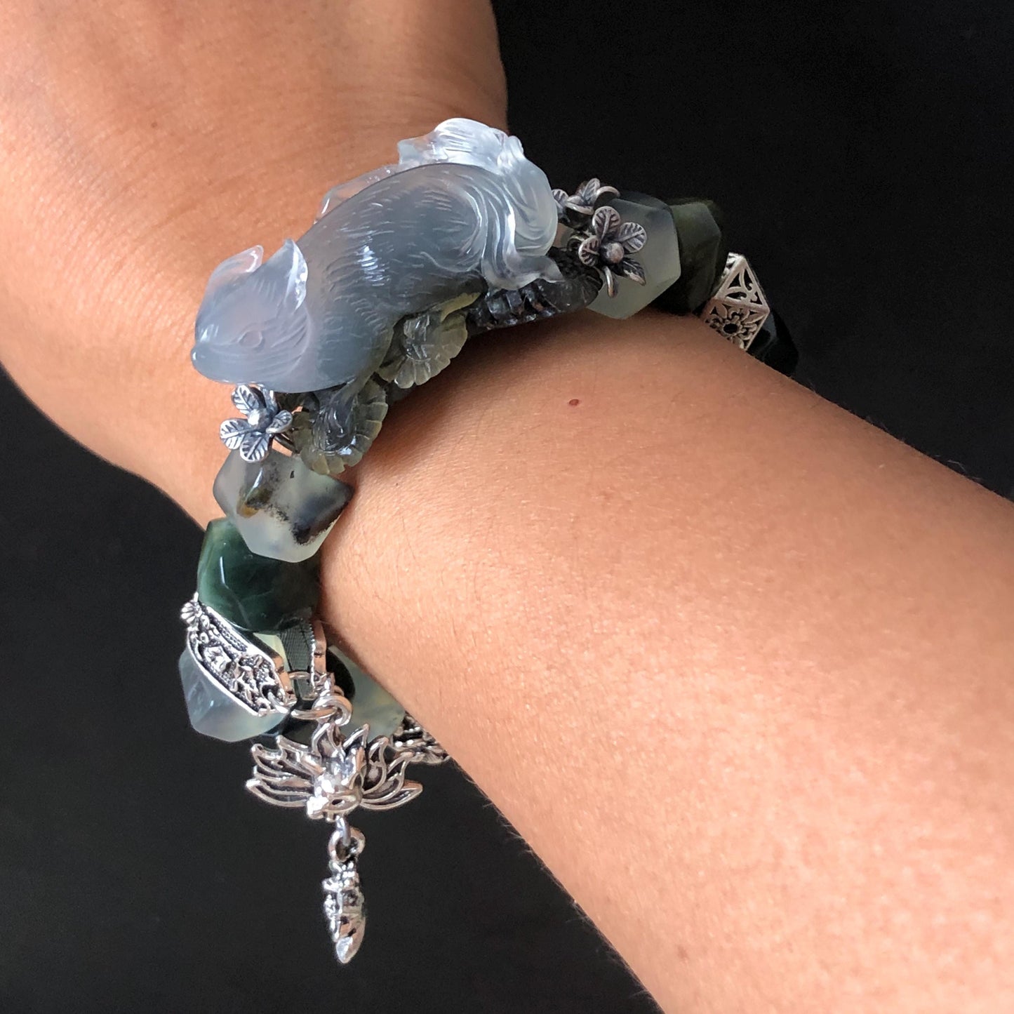 Natural Xiu Jade Serpentine Hand Carved Nine-tailed Fox & Flower with Irregular Bead Bracelet | Ice Black White Jade | Vintage Tibetan Silver | Gift for her bracelet jade carving hand engraved black jade white jade hand engraved jade bracelet hand carved jade charm hand engraved jade pendant irregular bead bracelet big beaded bracelet elastic stretch bracelet dangle bracelet silver accessory vintage bracelet antique bracelet green jade nine tail fox carving engraved fox