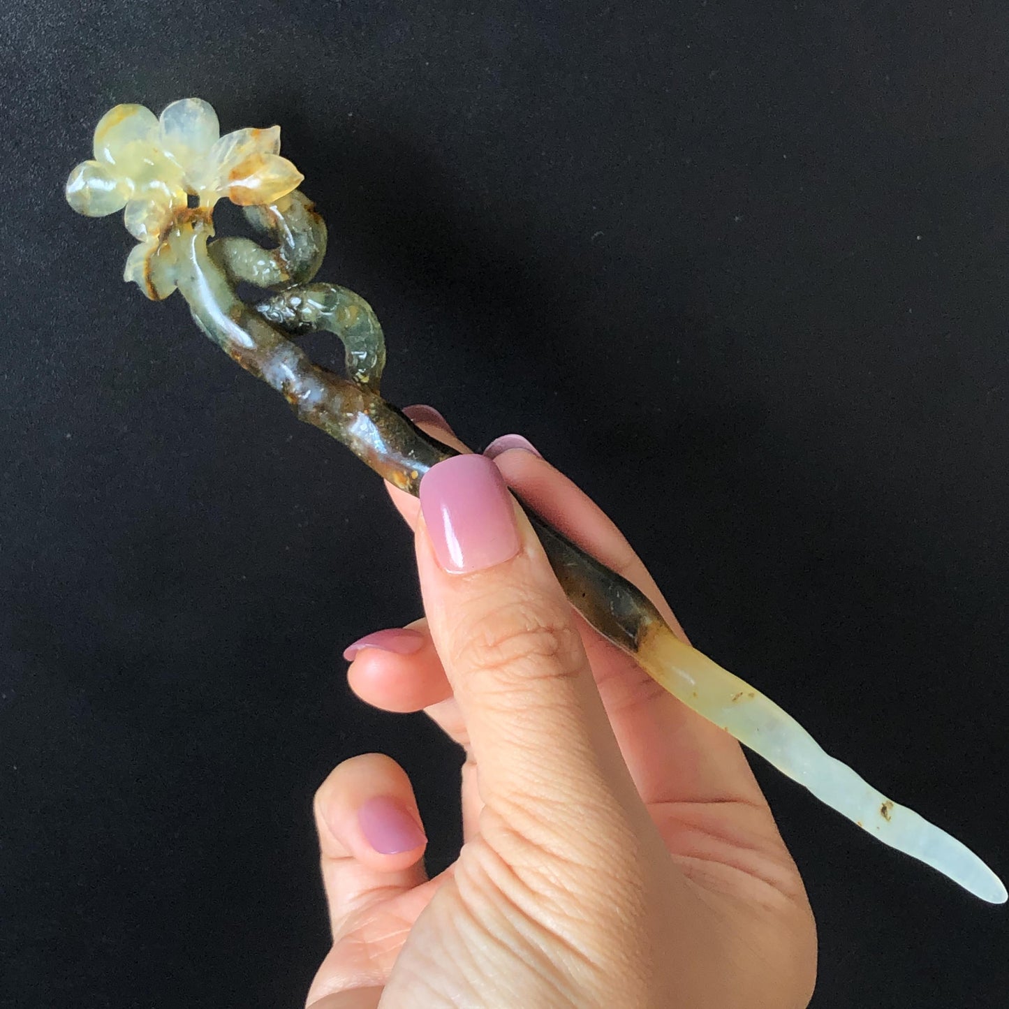 Certified Natural Xiu Jade Serpentine Hand Carved Snake Flower Hair Pin | Green & Ice White Jade Hair Stick | Asian Vintage Hair Fork Gift for her white jade carving green jade blue jade brown jade untreated jade with certificate hand engraved snake hairpins snake carving hand carved flower hair stick flower carving japanese hair stick korean hair comb hanfu hair pin antique hair fork