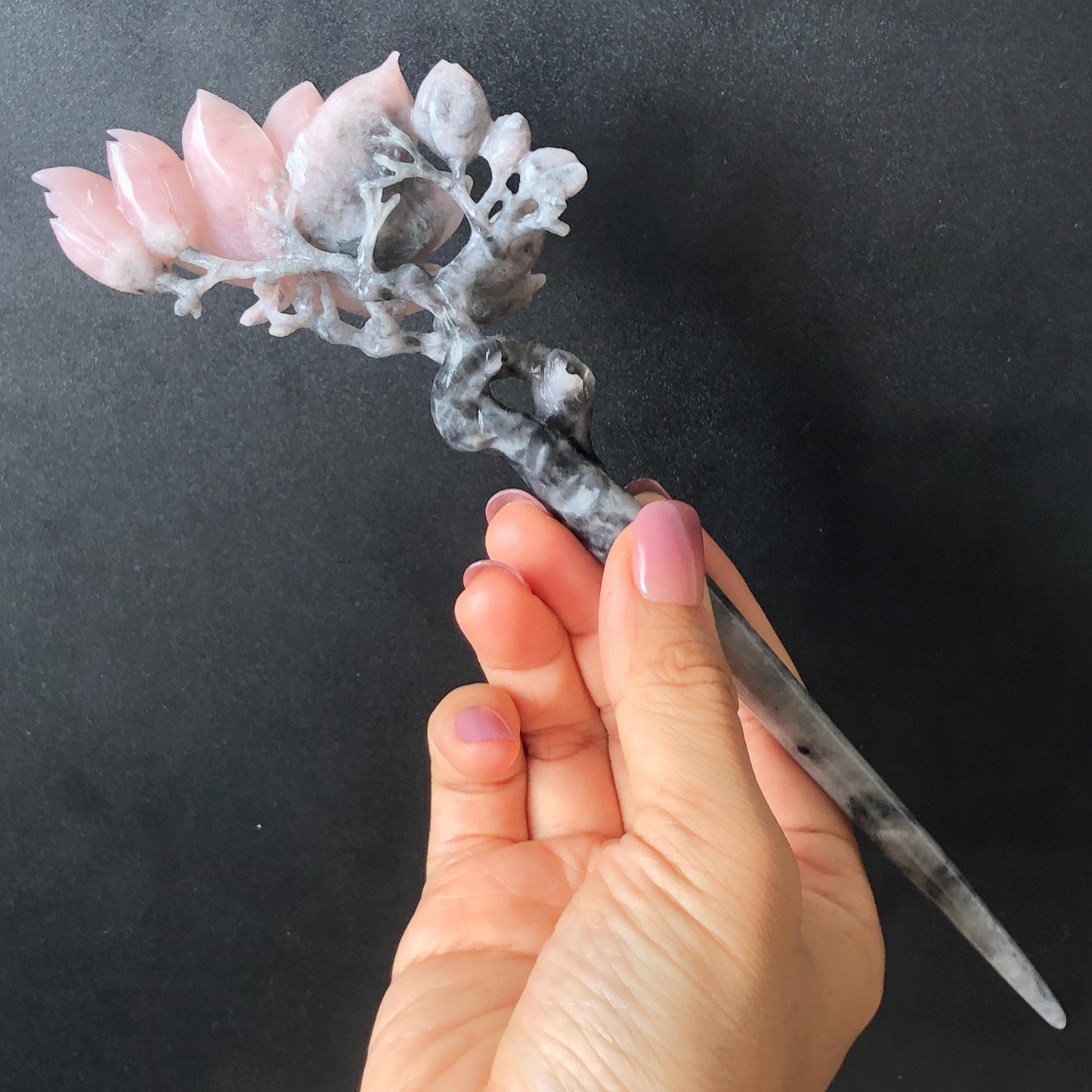 Natural Xiu Jade Serpentine Hand Carved Yulan Flower Hair Pin | Black & Pink Jade Hair Stick | Asian Vintage Antique Hair Fork Gift for her
