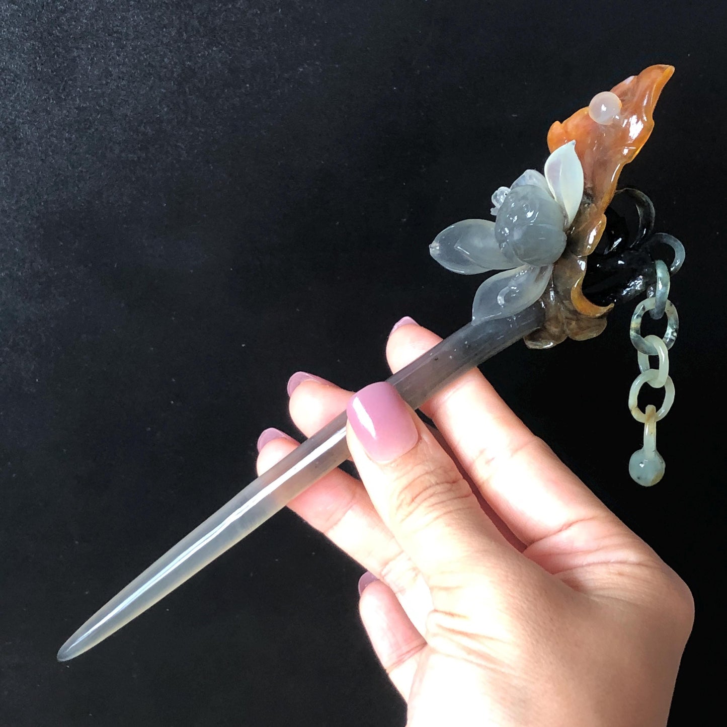 Certified Natural Xiu Jade Serpentine Hand Carved 4 Coloured Lotus Flower Hair Pin with Dangle | Ice Grey Brown Black Green Jade Hair Stick Gift for her gray jade carving brown jade black jade green jade hand engraved lotus hair stick natural untreated jade with certificate japanese hair pins korean hair stick hanfu har fork vintage hair comb bridal hair clip wedding headpiece antique hair pins