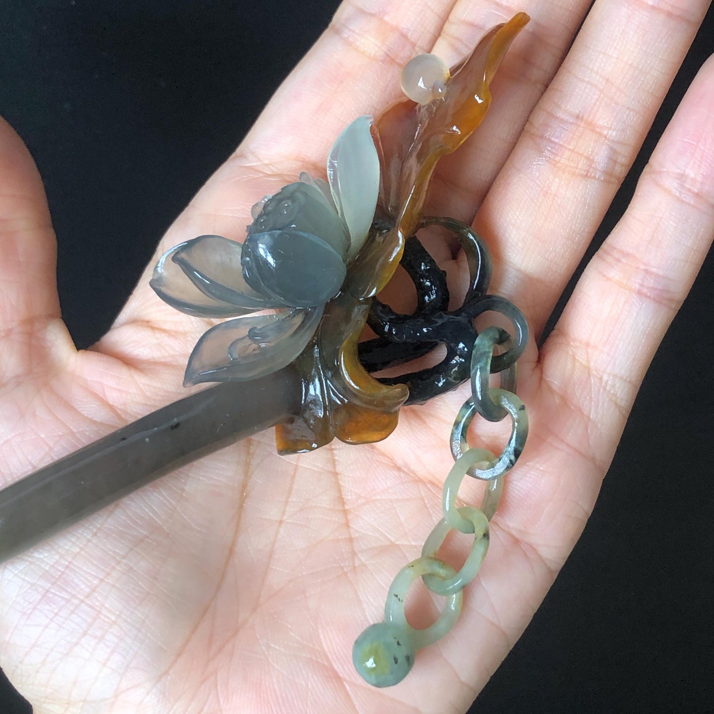 Certified Natural Xiu Jade Serpentine Hand Carved 4 Coloured Lotus Flower Hair Pin with Dangle | Ice Grey Brown Black Green Jade Hair Stick Gift for her gray jade carving brown jade black jade green jade hand engraved lotus hair stick natural untreated jade with certificate japanese hair pins korean hair stick hanfu har fork vintage hair comb bridal hair clip wedding headpiece antique hair pins