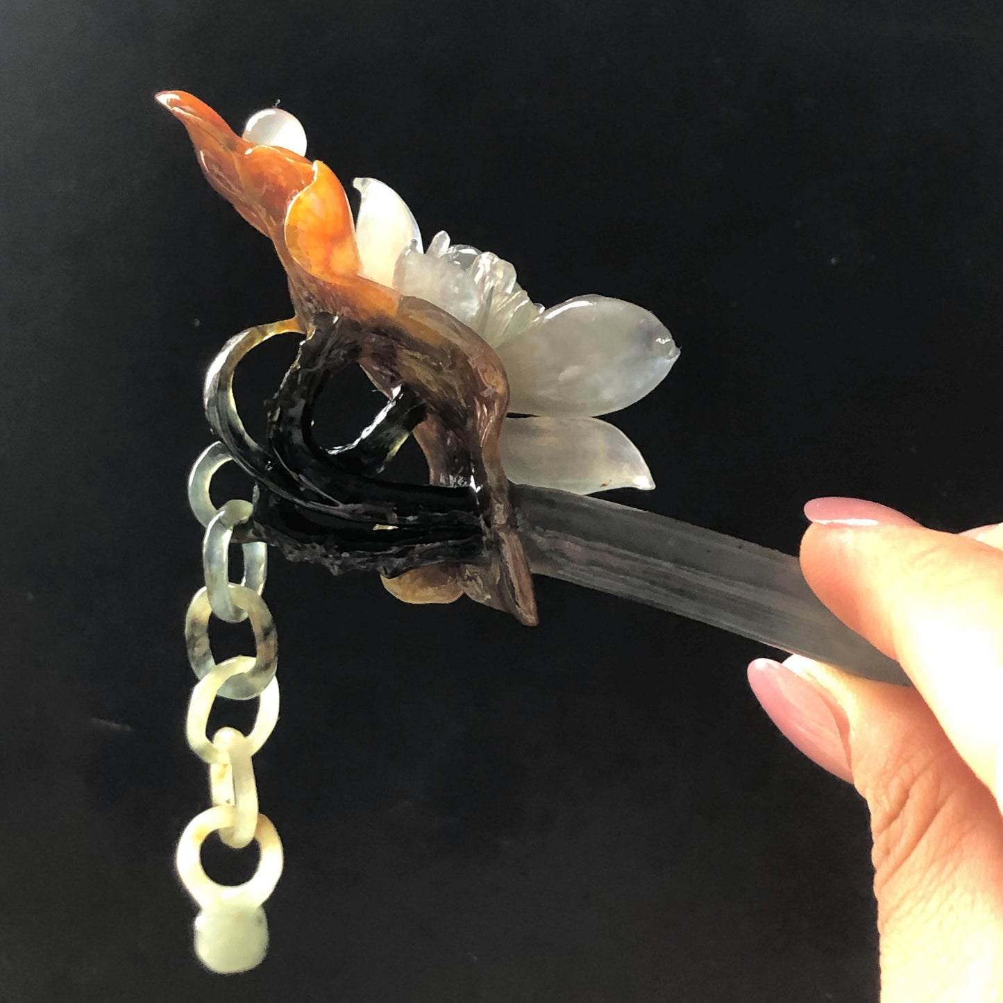 Certified Natural Xiu Jade Serpentine Hand Carved 4 Coloured Lotus Flower Hair Pin with Dangle | Ice Grey Brown Black Green Jade Hair Stick