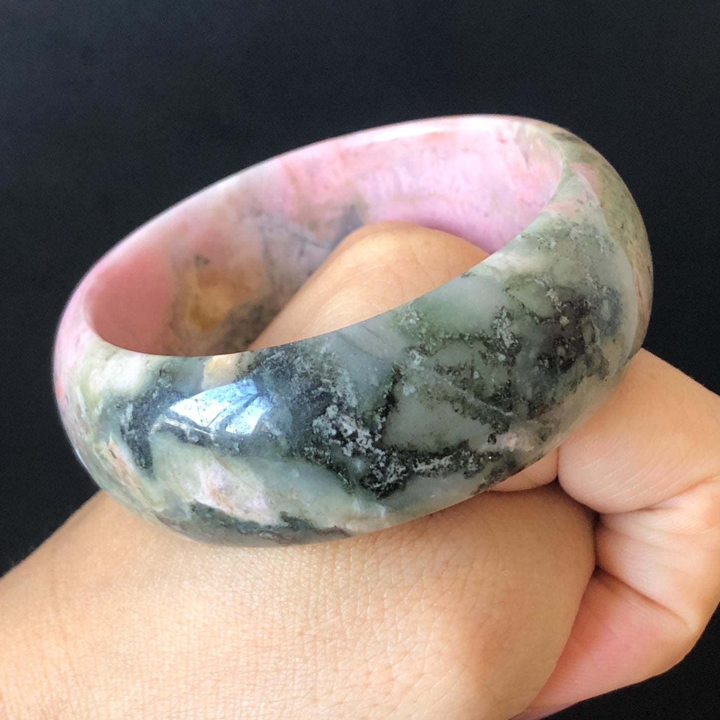 54.8mm Natural Rhodonite Stone Bangle | Soaring Black Phoenix | Pink Green Yellow | Scenery Bracelet | Healing Stone Heart Chakra Crystal Gift for her rhodonite bangle pink rhodonite bracelet pink crystal bracelet pink stone bangle pink gemstone bracelet green crystal golden crystal wide bangle healing crystal love stone meditative crystal heart chakra crystal vintage bangle gemstone bangle phoenix bangle phoenix bracelet