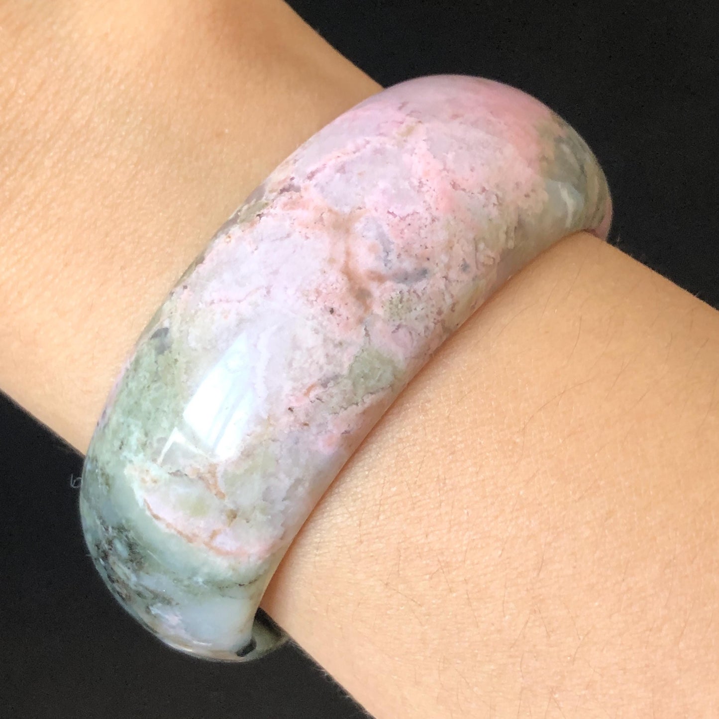 54.8mm Natural Rhodonite Stone Bangle | Soaring Black Phoenix | Pink Green Yellow | Scenery Bracelet | Healing Stone Heart Chakra Crystal Gift for her rhodonite bangle pink rhodonite bracelet pink crystal bracelet pink stone bangle pink gemstone bracelet green crystal golden crystal wide bangle healing crystal love stone meditative crystal heart chakra crystal vintage bangle gemstone bangle phoenix bangle phoenix bracelet