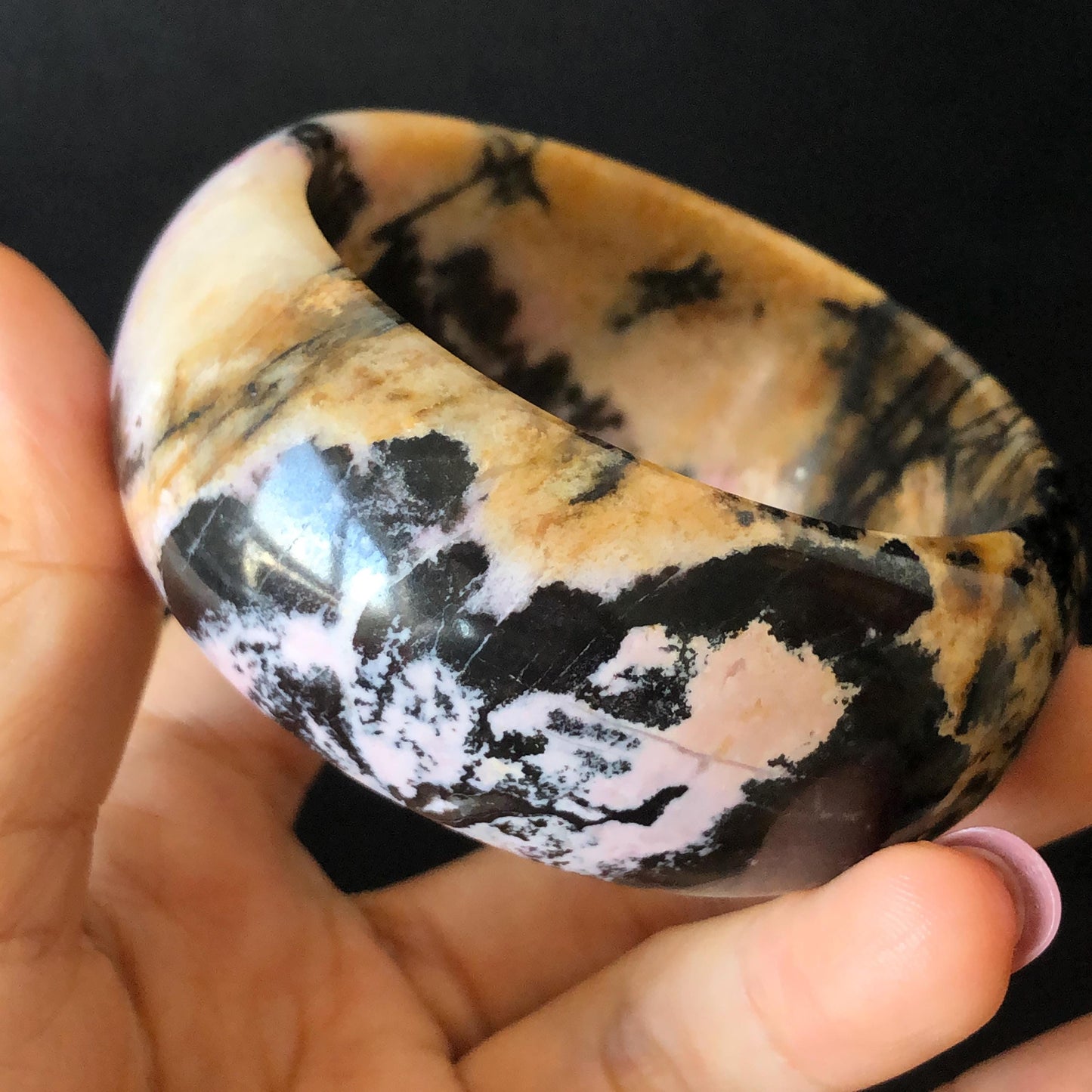 57.4mm Natural Rhodonite Stone Bangle | Black Ink Painting | Golden Yellow & Baby Pink Scenery Bracelet | Heart Chakra Crystal Healing Stone gift for her wide bangle vintage bracelet rhodonite bangle rhodonite stone bracelet yellow crystal bracelet pink crystal bangle black bangle black stone bracelet love stone birthstone bracelet ink painting meditative stone untreated natural stone gemstone bracelet