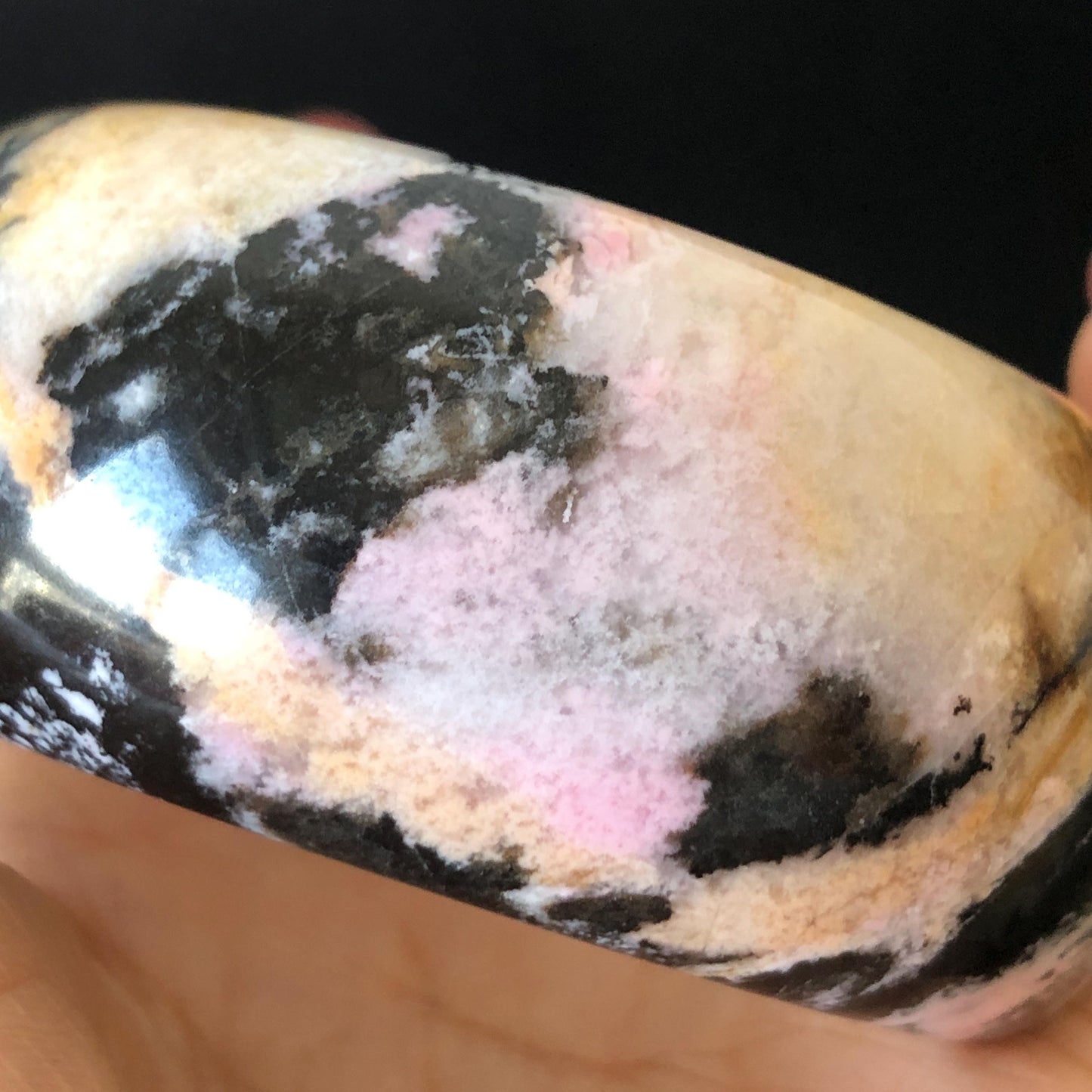 57.4mm Natural Rhodonite Stone Bangle | Black Ink Painting | Golden Yellow & Baby Pink Scenery Bracelet | Heart Chakra Crystal Healing Stone gift for her wide bangle vintage bracelet rhodonite bangle rhodonite stone bracelet yellow crystal bracelet pink crystal bangle black bangle black stone bracelet love stone birthstone bracelet ink painting meditative stone untreated natural stone gemstone bracelet