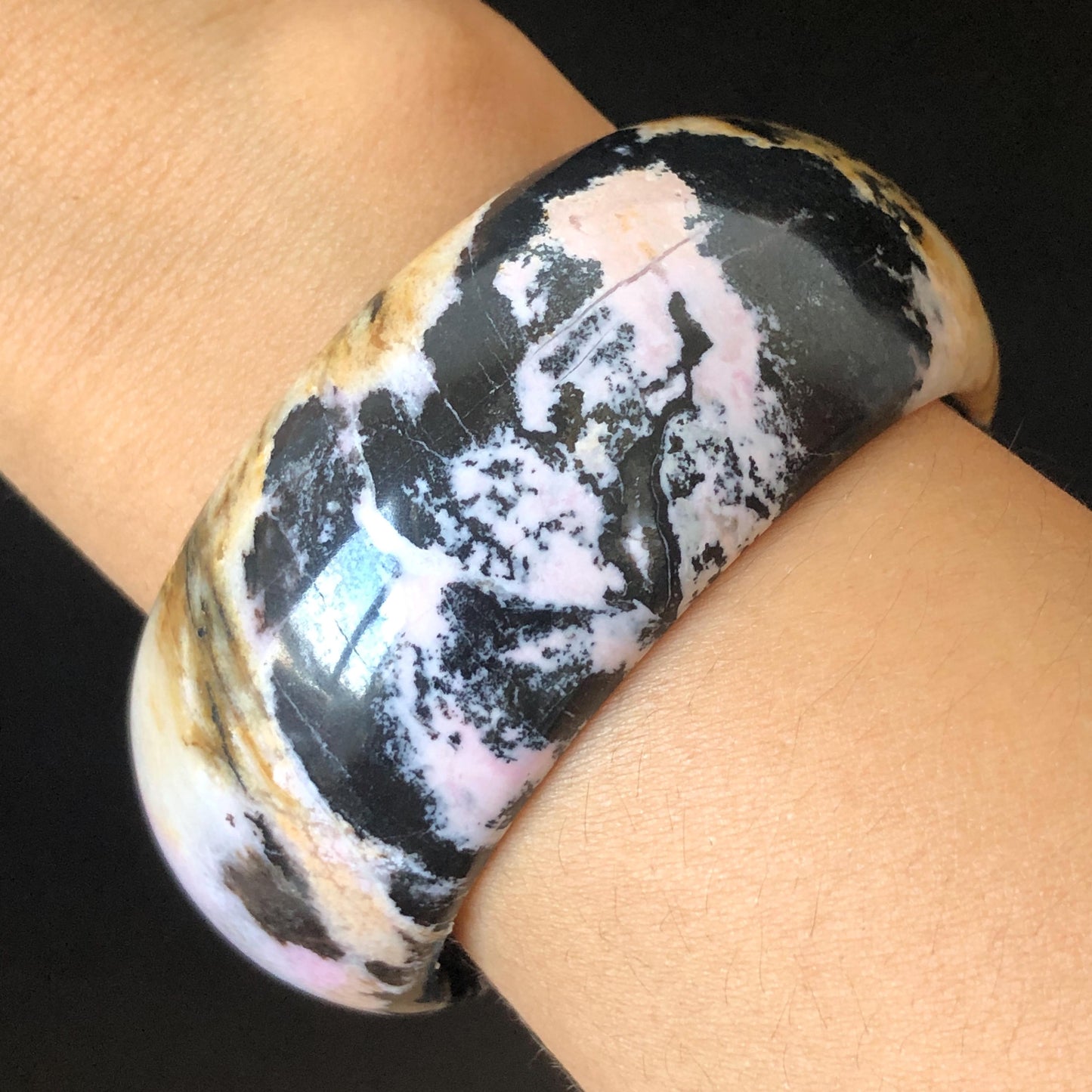 57.4mm Natural Rhodonite Stone Bangle | Black Ink Painting | Golden Yellow & Baby Pink Scenery Bracelet | Heart Chakra Crystal Healing Stone gift for her wide bangle vintage bracelet rhodonite bangle rhodonite stone bracelet yellow crystal bracelet pink crystal bangle black bangle black stone bracelet love stone birthstone bracelet ink painting meditative stone untreated natural stone gemstone bracelet
