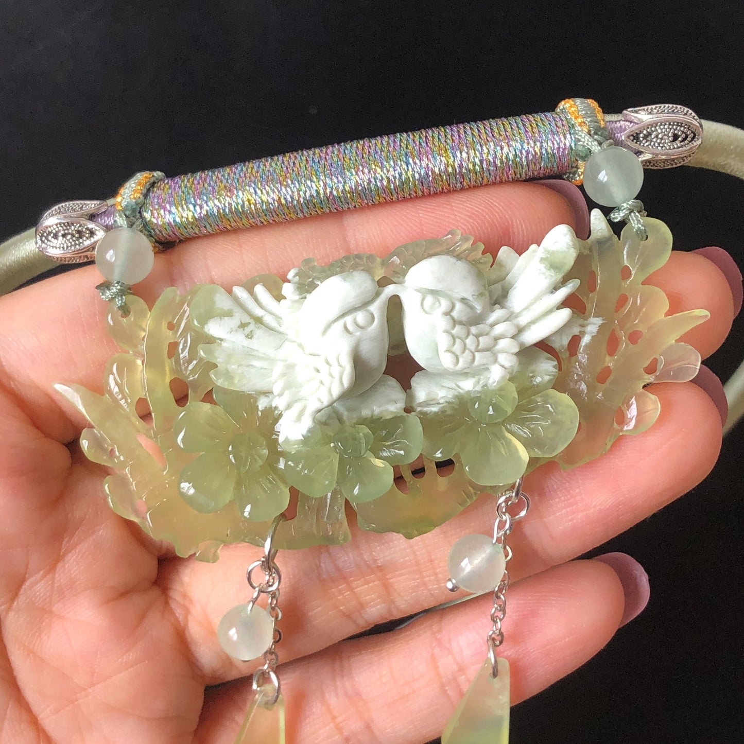 Certified Natural Xiu Jade Serpentine Hand Carved Magpie Birds Plum Blossom Flower Pendant Adjustable Vintage Necklace | Green & White Stone Pendant green jade carving white jade charm antique necklace chinese traditional charm necklace hand carved charm adjustable necklace bird carving magpie carving plum blossom carving gift for her natural untreated jade with certificate luck charm