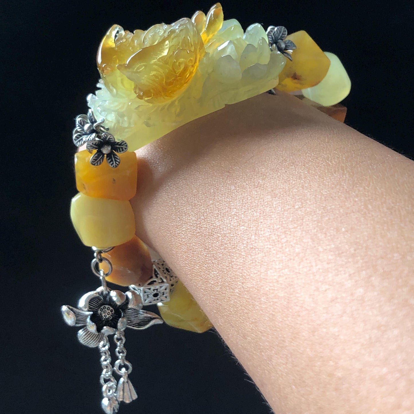 Certified Xiu Jade Serpentine Carved Mandarin Ducks & Lotus and Irregular Bead Bracelet | Brown Yellow White Jade | Vintage Tibetan Silver bracelet yellow jade carving hand engraved brown jade white jade hand engraved jade bracelet hand carved jade charm hand engraved jade pendant irregular bead bracelet big beaded bracelet elastic stretch bracelet dangle bracelet forever love bracelet wedding gift engagement gift silver accessory lotus carving duck carving vinatge bracelet antique bracelet