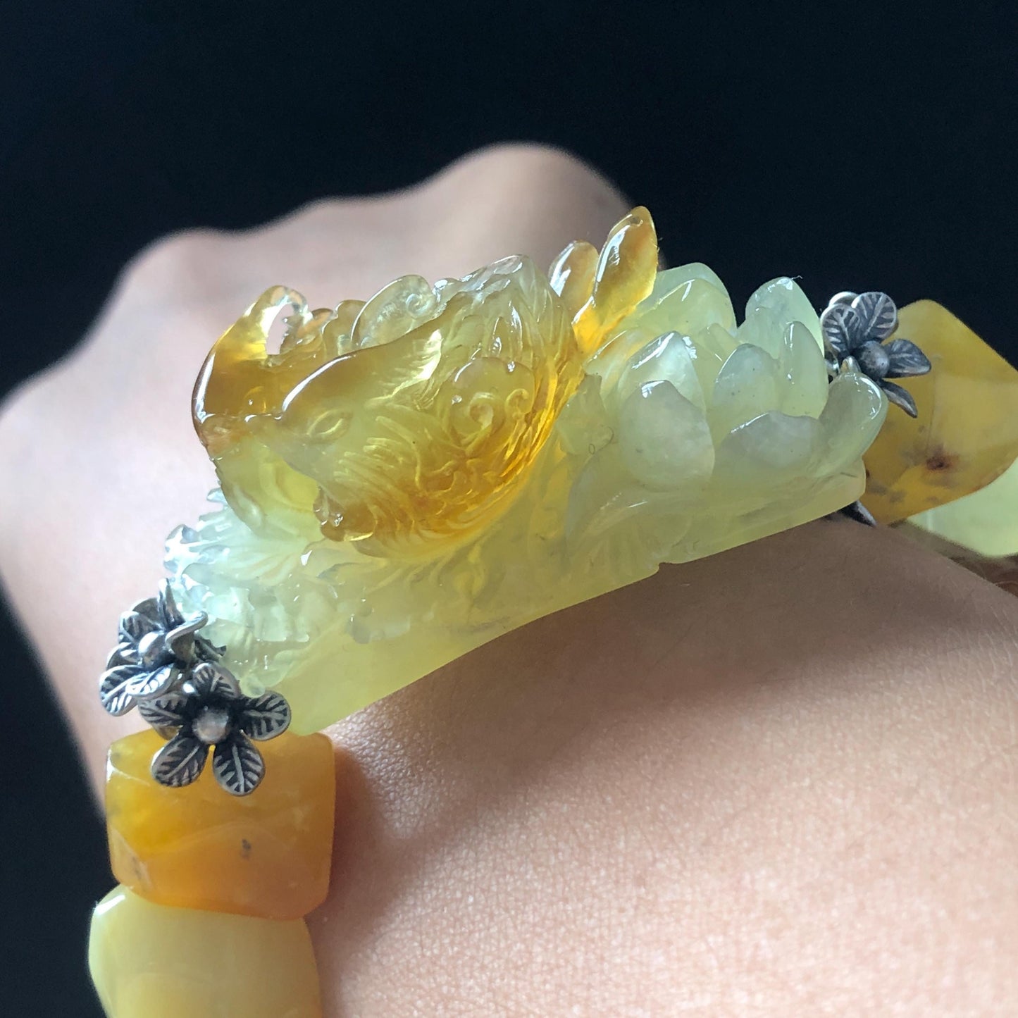Certified Xiu Jade Serpentine Carved Mandarin Ducks & Lotus and Irregular Bead Bracelet | Brown Yellow White Jade | Vintage Tibetan Silver bracelet yellow jade carving hand engraved brown jade white jade hand engraved jade bracelet hand carved jade charm hand engraved jade pendant irregular bead bracelet big beaded bracelet elastic stretch bracelet dangle bracelet forever love bracelet wedding gift engagement gift silver accessory lotus carving duck carving vinatge bracelet antique bracelet