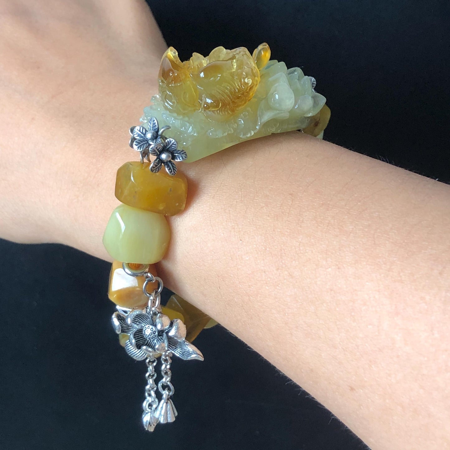 Certified Xiu Jade Serpentine Carved Mandarin Ducks & Lotus and Irregular Bead Bracelet | Brown Yellow White Jade | Vintage Tibetan Silver bracelet yellow jade carving hand engraved brown jade white jade hand engraved jade bracelet hand carved jade charm hand engraved jade pendant irregular bead bracelet big beaded bracelet elastic stretch bracelet dangle bracelet forever love bracelet wedding gift engagement gift silver accessory lotus carving duck carving vinatge bracelet antique bracelet