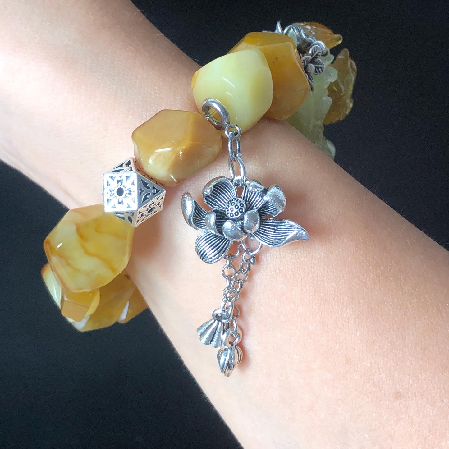 Certified Xiu Jade Serpentine Carved Mandarin Ducks & Lotus and Irregular Bead Bracelet | Brown Yellow White Jade | Vintage Tibetan Silver bracelet yellow jade carving hand engraved brown jade white jade hand engraved jade bracelet hand carved jade charm hand engraved jade pendant irregular bead bracelet big beaded bracelet elastic stretch bracelet dangle bracelet forever love bracelet wedding gift engagement gift silver accessory lotus carving duck carving vinatge bracelet antique bracelet
