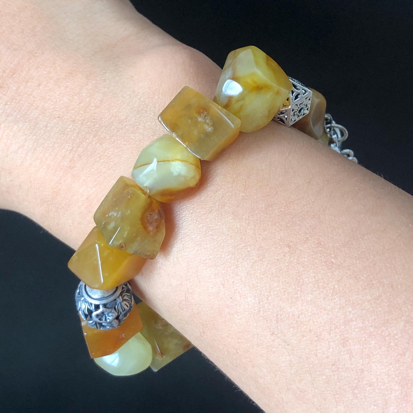 Certified Xiu Jade Serpentine Carved Mandarin Ducks & Lotus and Irregular Bead Bracelet | Brown Yellow White Jade | Vintage Tibetan Silver bracelet yellow jade carving hand engraved brown jade white jade hand engraved jade bracelet hand carved jade charm hand engraved jade pendant irregular bead bracelet big beaded bracelet elastic stretch bracelet dangle bracelet forever love bracelet wedding gift engagement gift silver accessory lotus carving duck carving vinatge bracelet antique bracelet