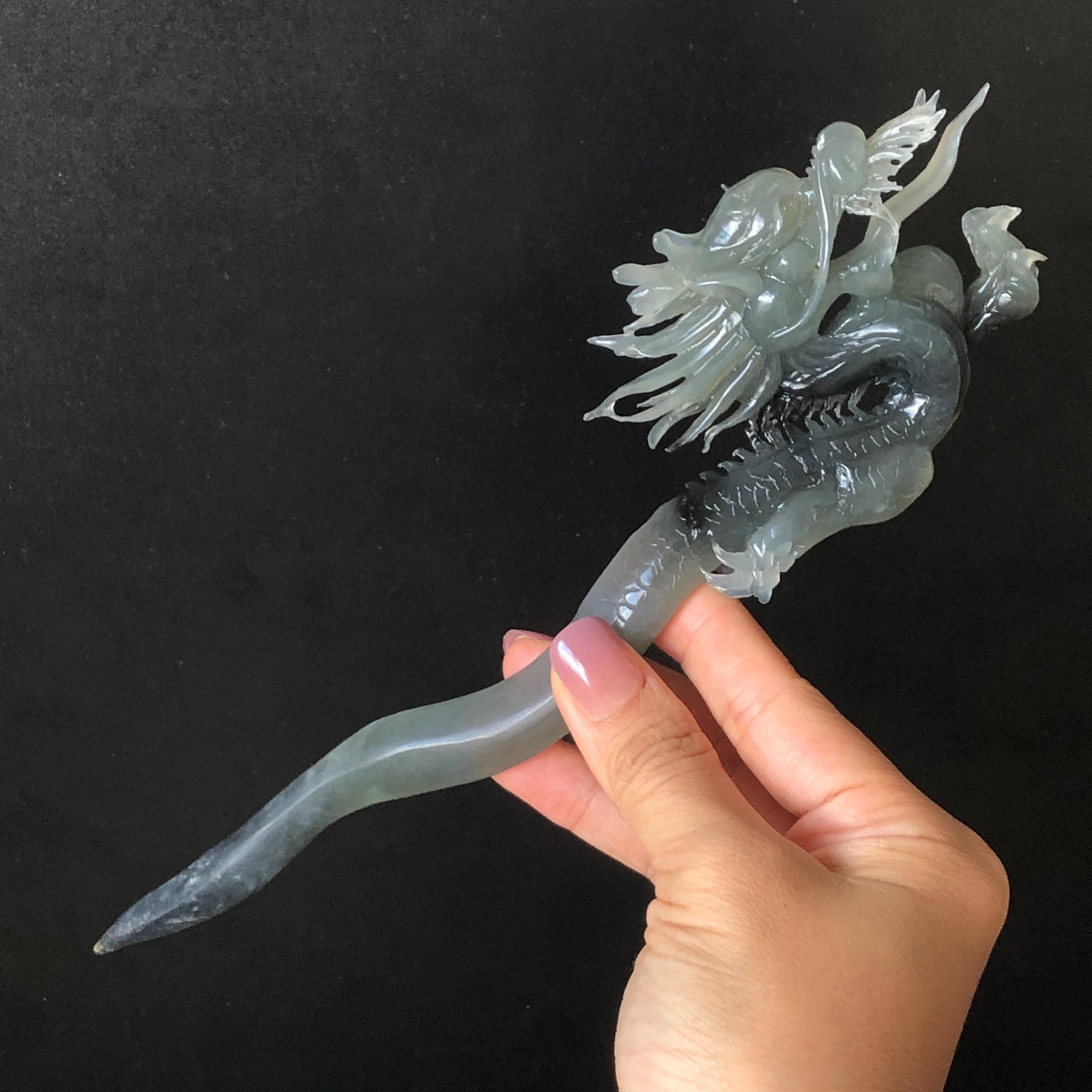 Certified Natural Xiu Jade Serpentine Hand Carved Soaring Dragon Hair Pin | Ice Gray & Black Jade Hair Stick | Asian Vintage Hair Fork Gift for her japanese hairpin korean hair stick hanfu hair fork vinatge hair comb antique hair pins dragon carving hand engraved dragon gray jade grey jade black jade carving hand carved dragon hair stick