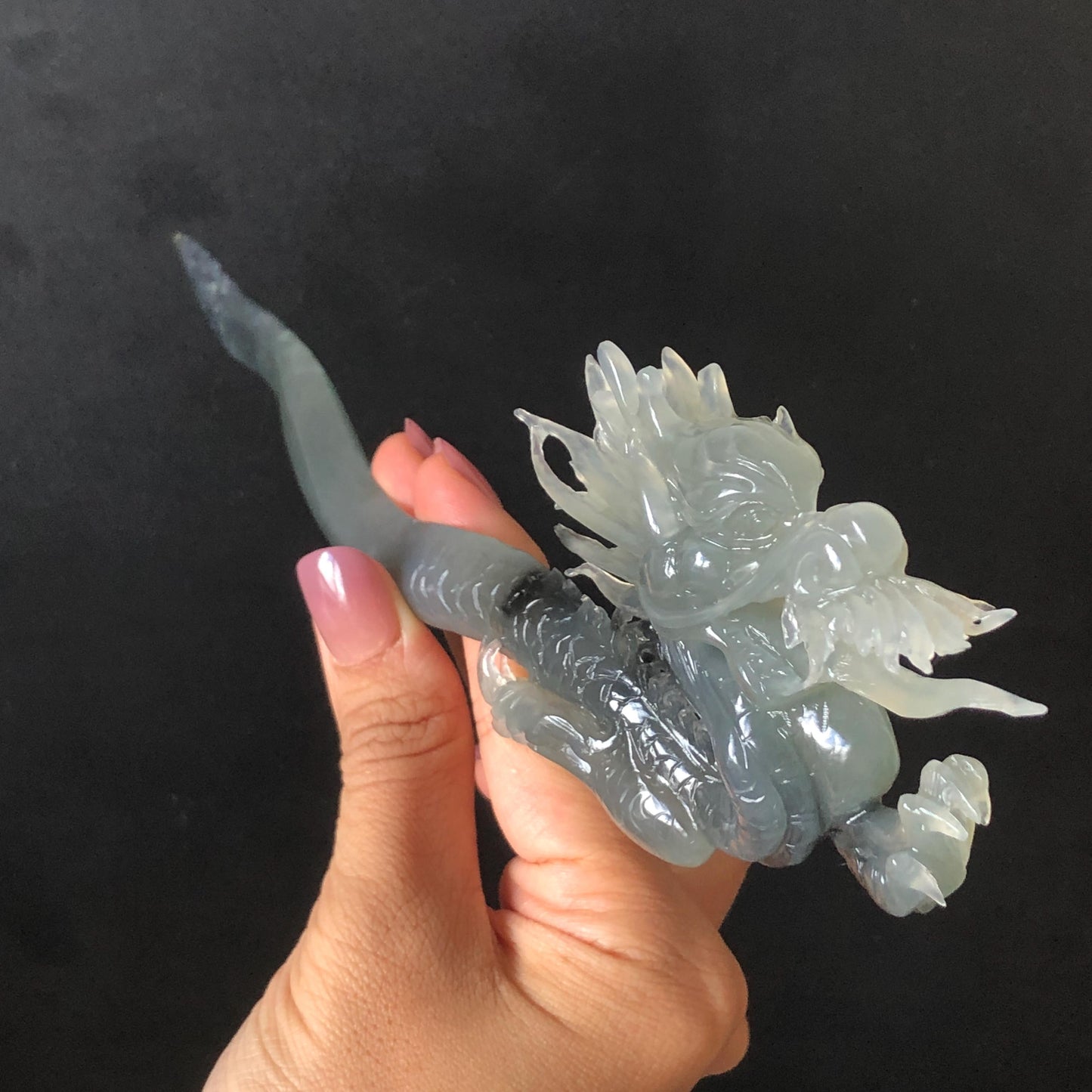 Certified Natural Xiu Jade Serpentine Hand Carved Soaring Dragon Hair Pin | Ice Gray & Black Jade Hair Stick | Asian Vintage Hair Fork Gift for her japanese hairpin korean hair stick hanfu hair fork vinatge hair comb antique hair pins dragon carving hand engraved dragon gray jade grey jade black jade carving hand carved dragon hair stick