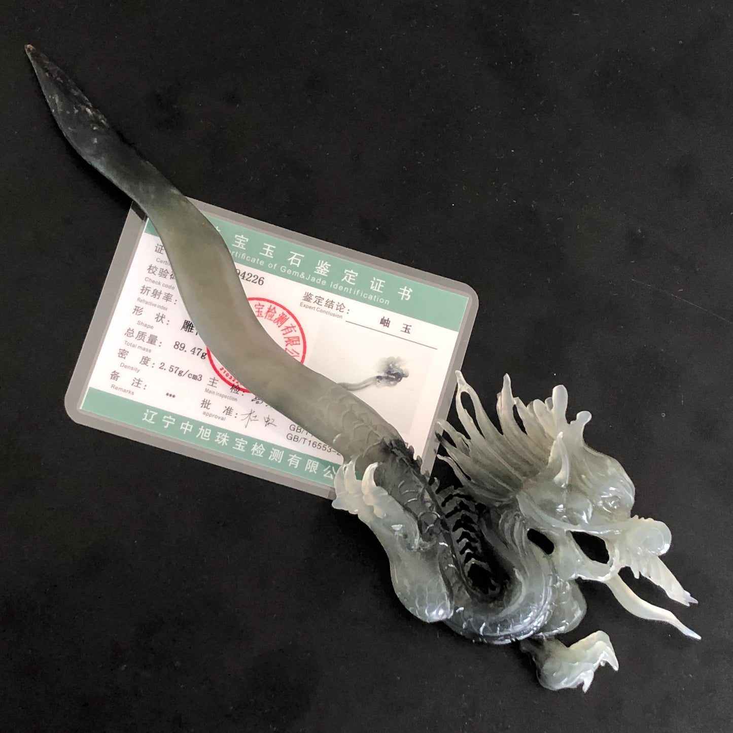 Certified Natural Xiu Jade Serpentine Hand Carved Soaring Dragon Hair Pin | Ice Gray & Black Jade Hair Stick | Asian Vintage Hair Fork Gift for her japanese hairpin korean hair stick hanfu hair fork vinatge hair comb antique hair pins dragon carving hand engraved dragon gray jade grey jade black jade carving hand carved dragon hair stick
