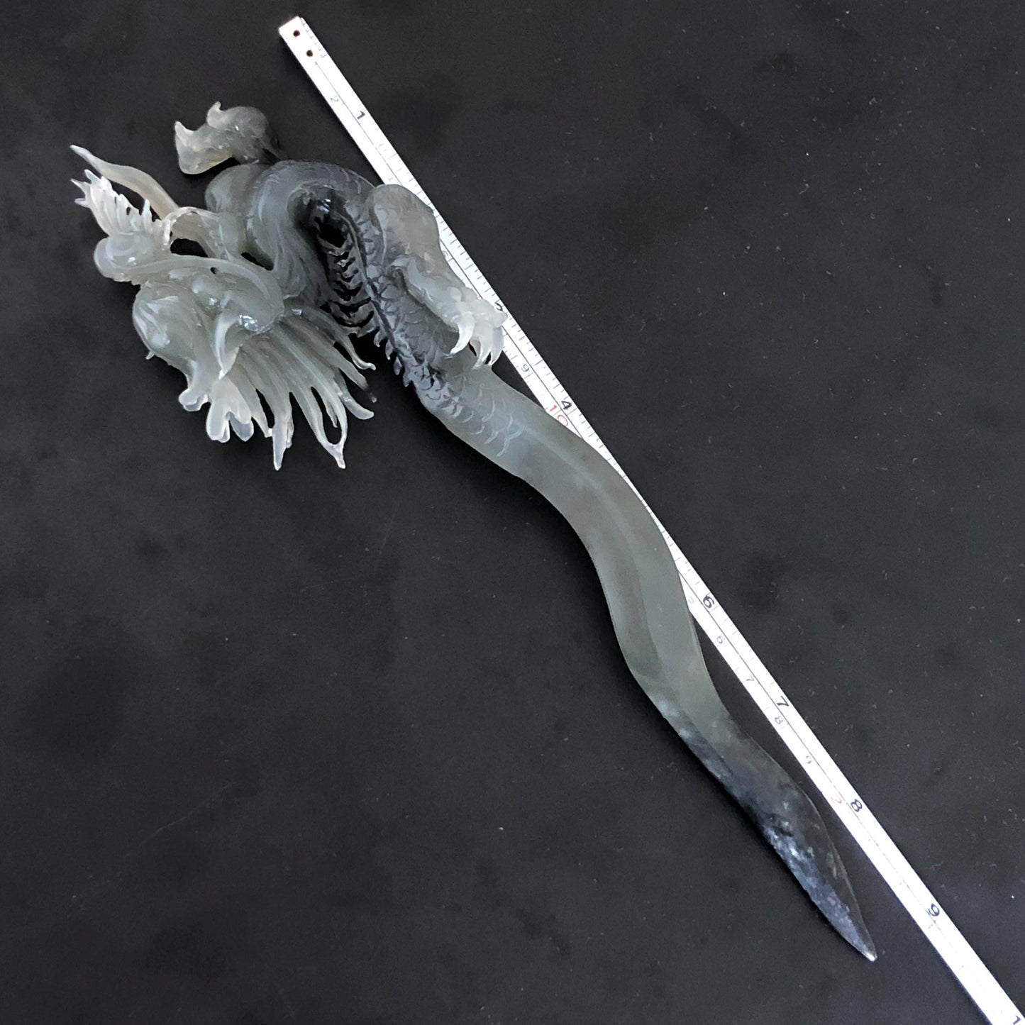 Certified Natural Xiu Jade Serpentine Hand Carved Soaring Dragon Hair Pin | Ice Gray & Black Jade Hair Stick | Asian Vintage Hair Fork Gift for her japanese hairpin korean hair stick hanfu hair fork vinatge hair comb antique hair pins dragon carving hand engraved dragon gray jade grey jade black jade carving hand carved dragon hair stick