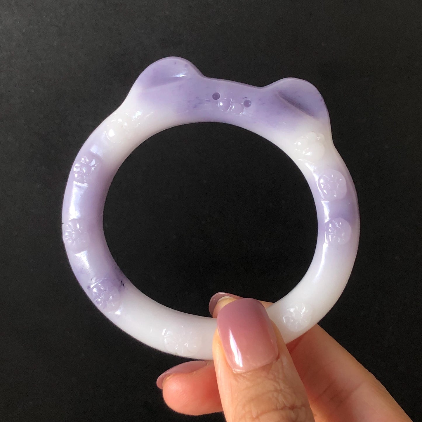 Customized Size 50-60mm! Natural SheTaiCui Jade (Quartzite) Hand Carved Cat Kitten Bangle | Purple and White Jade Bracelet | Cat Lover Gift personalized bangle custom made bracelet hand engraved jade bangle tailor made jade bangle custom size bangle big size bangle small size bangle jade carving purple jade white jade kitten bangle cat bracelet gift for cat lover gift for her real untreated jade