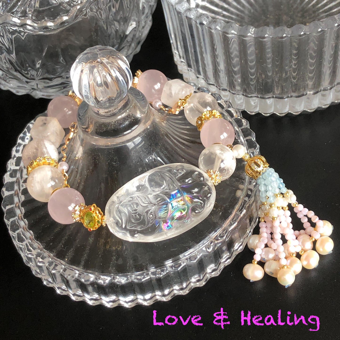 Rainbow Clear Quartz Carved Nine-tailed Fox Pendant Charm with Rose Quartz & Pink Phantom Quartz Bead Elastic Stretch Crystal Bracelet Gift for her Rainbow Crystal charm nine tail fox pendant hand engraved fox charm bracelet big bead bracelet Olivine charm removable tassel Pink Spinel Blue Apatite Crystal heart chakra crystal healing stone love stone meditative crystal