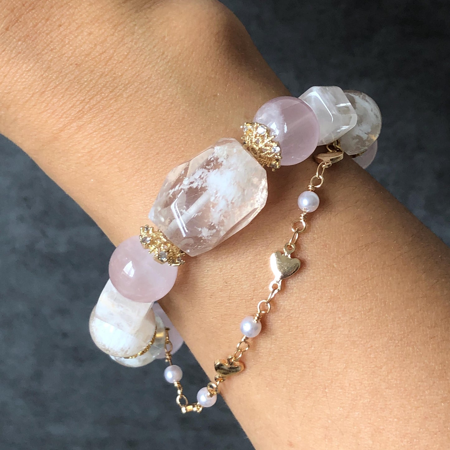 Rainbow Clear Quartz Carved Nine-tailed Fox Pendant Charm with Rose Quartz & Pink Phantom Quartz Bead Elastic Stretch Crystal Bracelet Gift for her Rainbow Crystal charm nine tail fox pendant hand engraved fox charm bracelet big bead bracelet Olivine charm removable tassel Pink Spinel Blue Apatite Crystal heart chakra crystal healing stone love stone meditative crystal