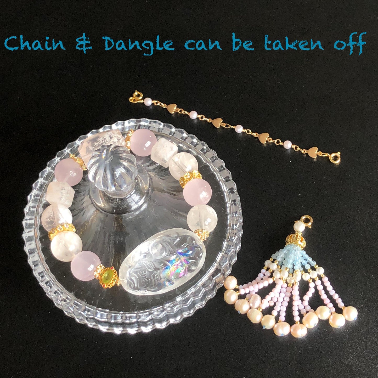 Rainbow Clear Quartz Carved Nine-tailed Fox Pendant Charm with Rose Quartz & Pink Phantom Quartz Bead Elastic Stretch Crystal Bracelet Gift for her Rainbow Crystal charm nine tail fox pendant hand engraved fox charm bracelet big bead bracelet Olivine charm removable tassel Pink Spinel Blue Apatite Crystal heart chakra crystal healing stone love stone meditative crystal