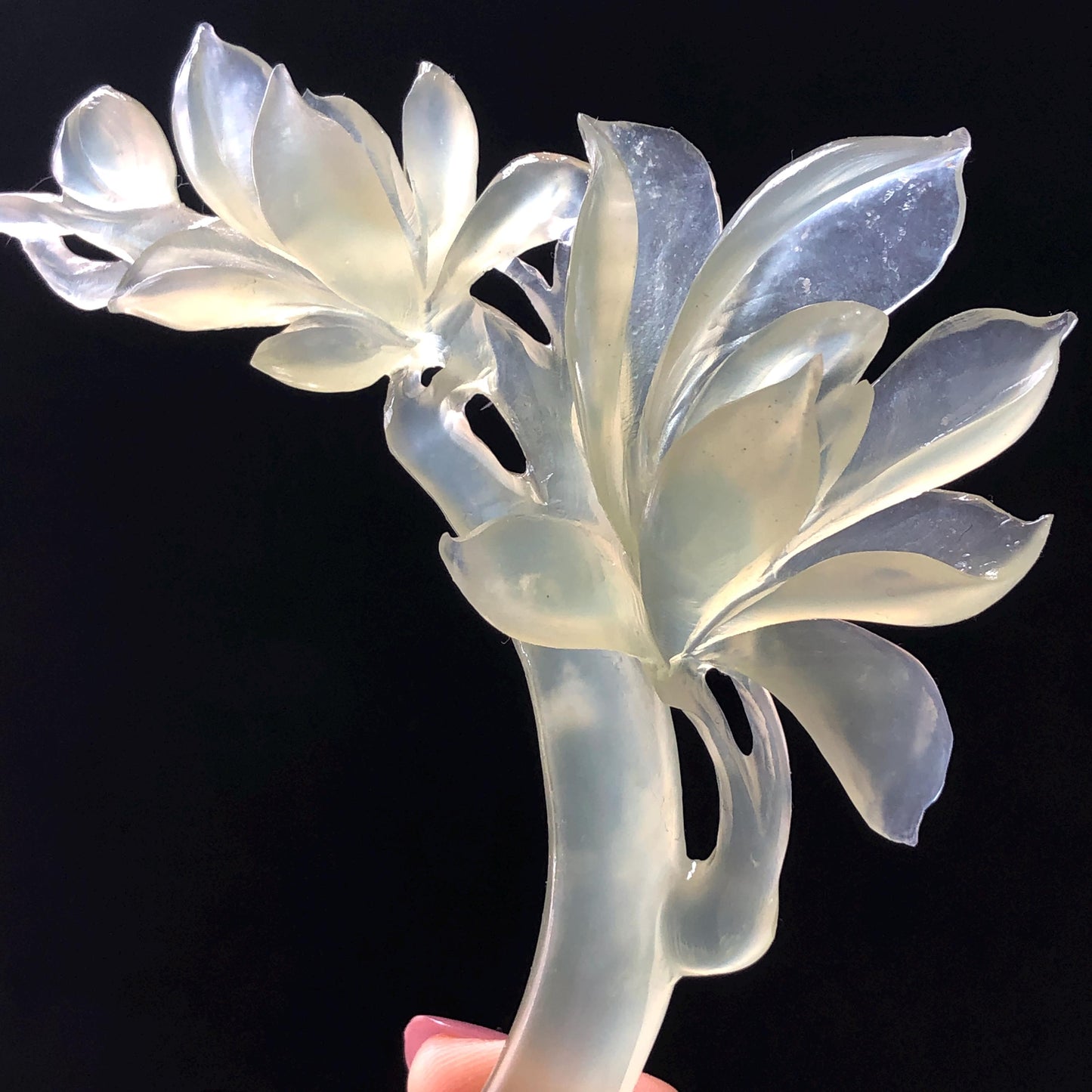 Certified Xiu Jade Serpentine Carved Yulan Flower Hair Pin | Ice Green Jade Hair Stick | Chinese Vintage Hanfu Antique Bridal Hair Fork Gift for her japanese hairpin korean hair stick chinese hair fork vintage hair comb antique hair pins hanfu hair stick bridal shower hair jewelry wedding headpiece bridal shower gift engagement hair accessory jade carving hand engraved jade hand carved flower jade hairpins untreated natural jade with certificate