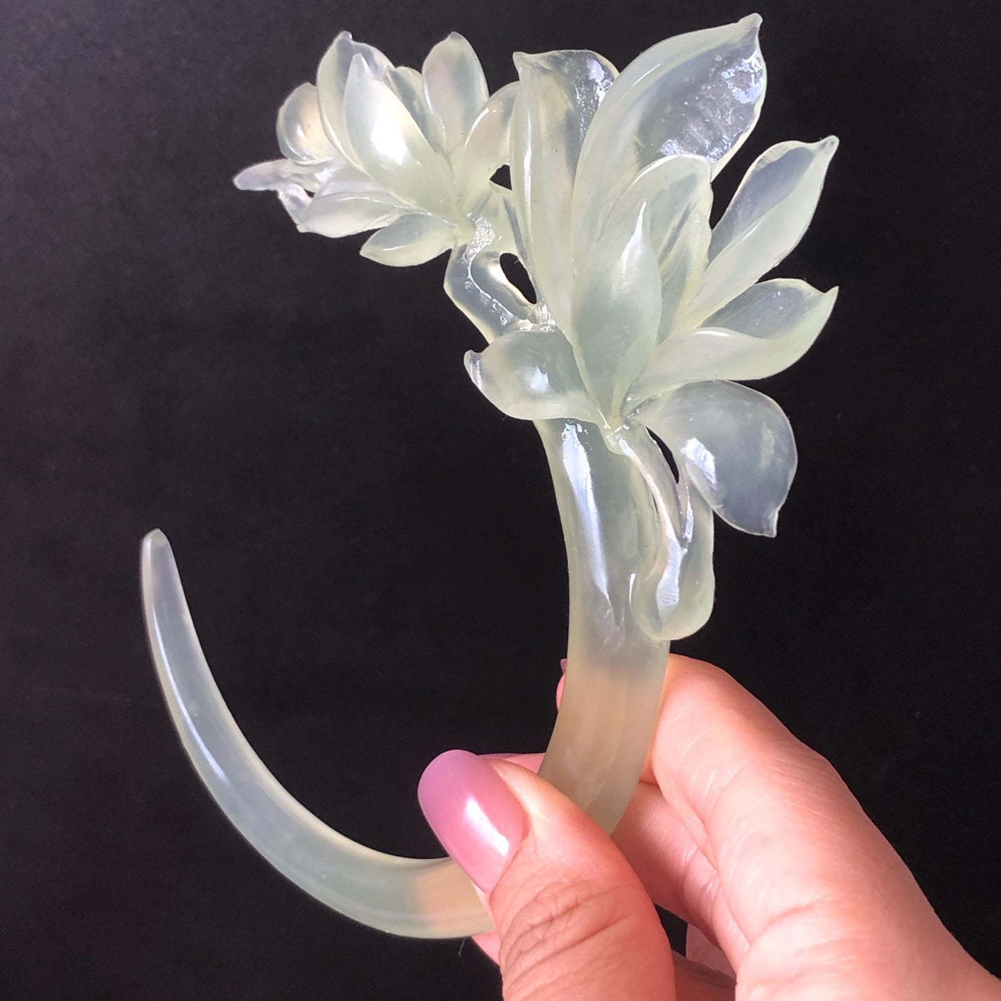 Certified Xiu Jade Serpentine Carved Yulan Flower Hair Pin | Ice Green Jade Hair Stick | Chinese Vintage Hanfu Antique Bridal Hair Fork Gift for her japanese hairpin korean hair stick chinese hair fork vintage hair comb antique hair pins hanfu hair stick bridal shower hair jewelry wedding headpiece bridal shower gift engagement hair accessory jade carving hand engraved jade hand carved flower jade hairpins untreated natural jade with certificate